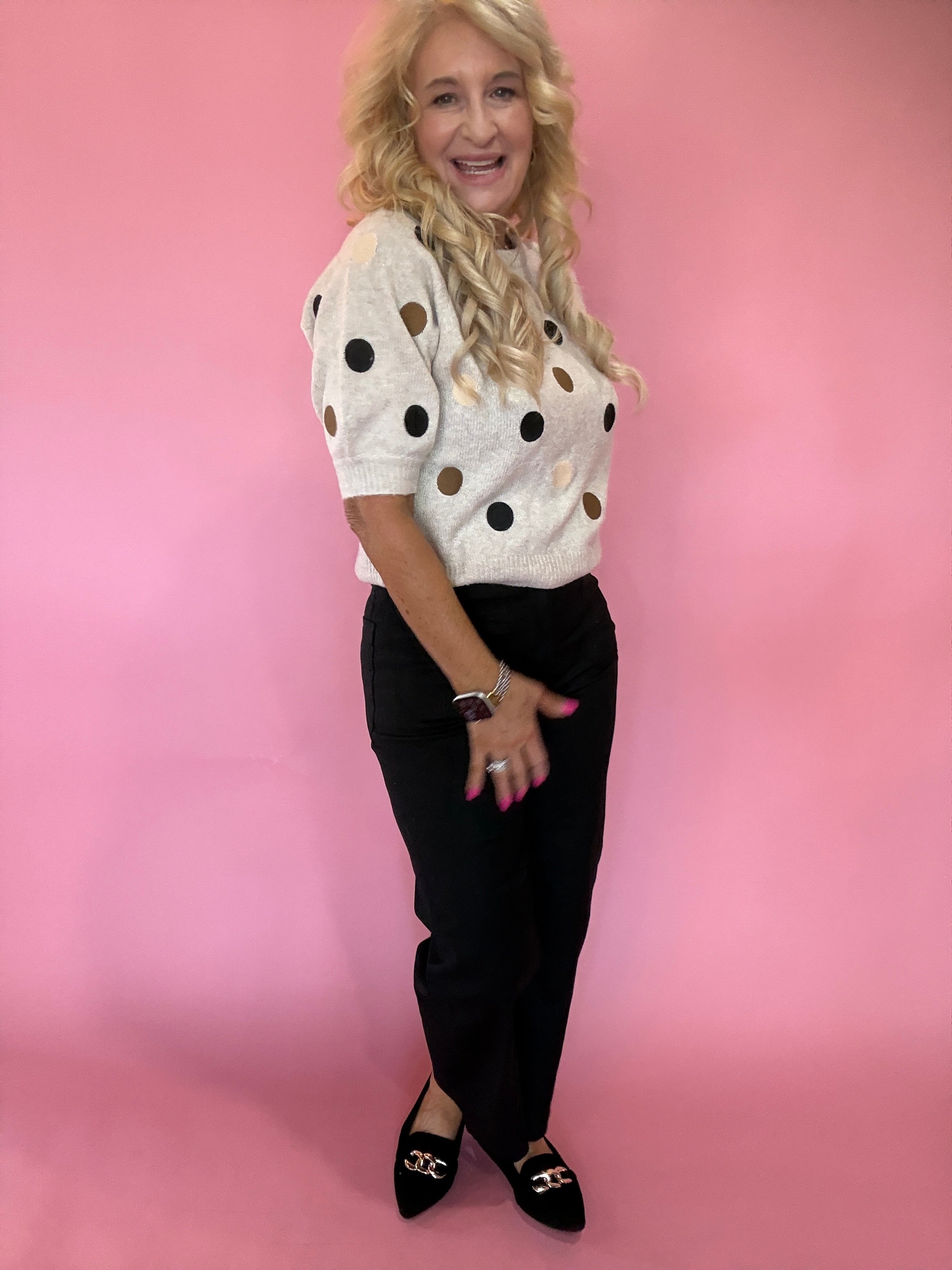 Taupe Polka Dot Crewneck Pullover Sweater