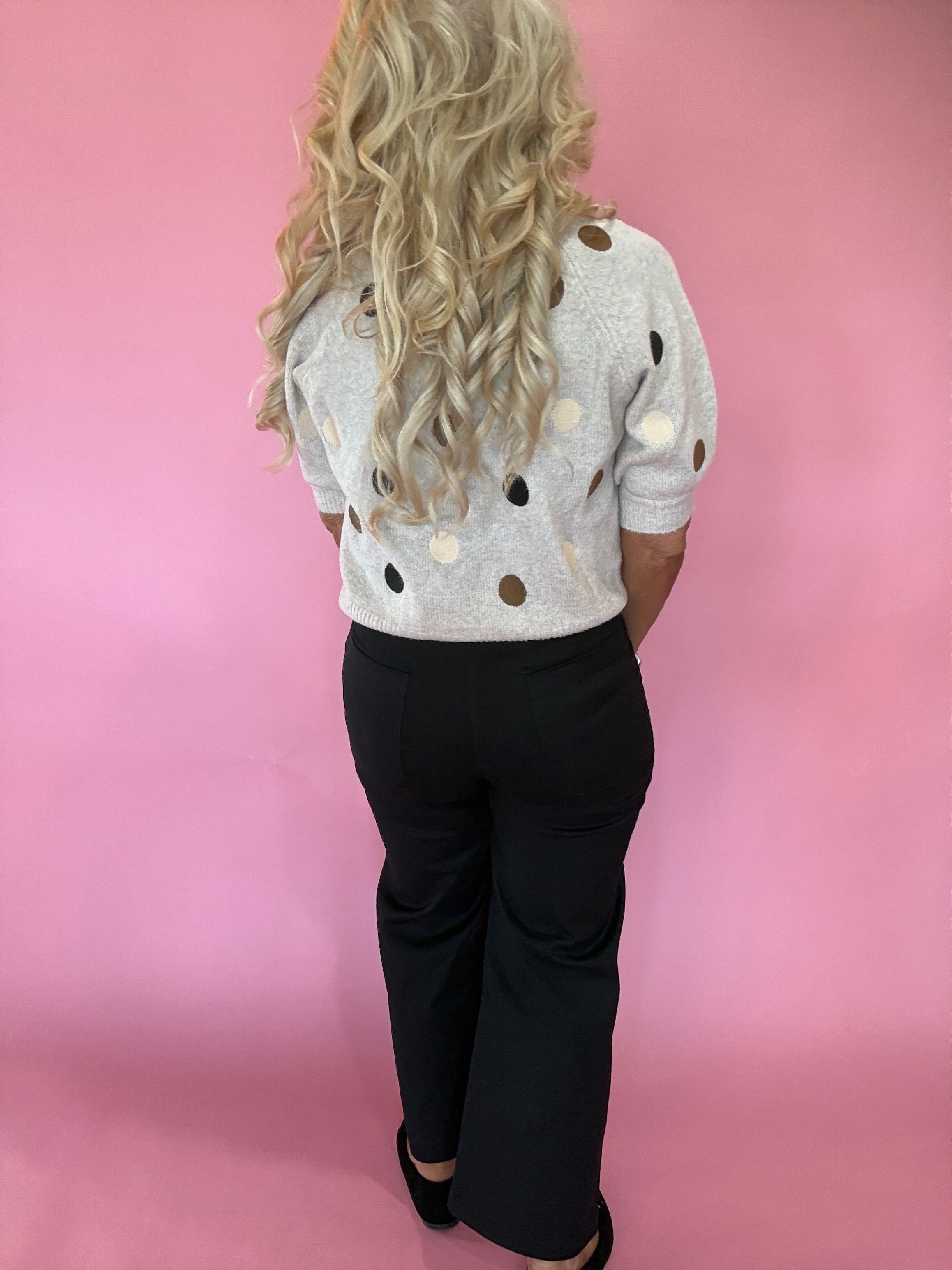 Taupe Polka Dot Crewneck Pullover Sweater