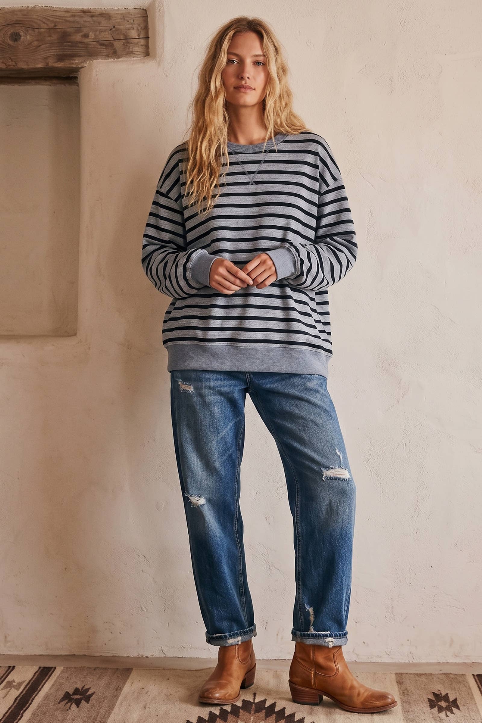 Taupe Striped Oversized French Terry Pullover