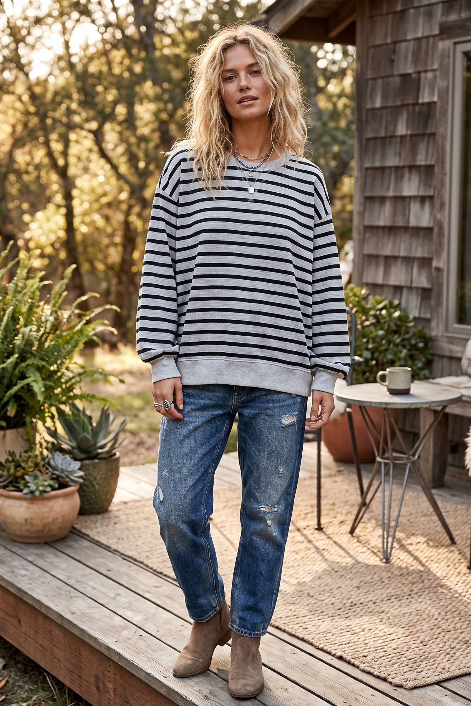 Taupe Striped Oversized French Terry Pullover