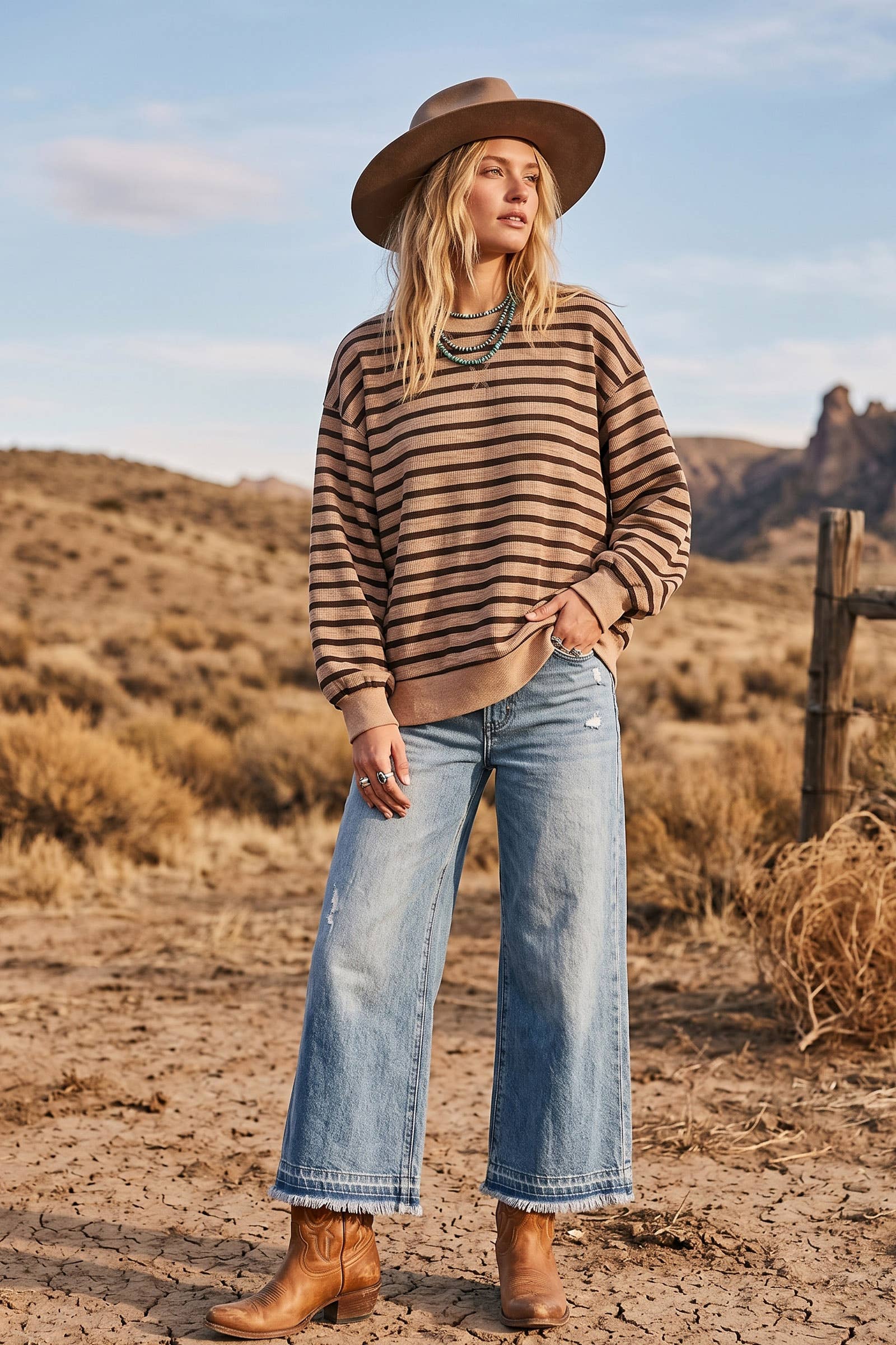 Taupe Striped Oversized French Terry Pullover