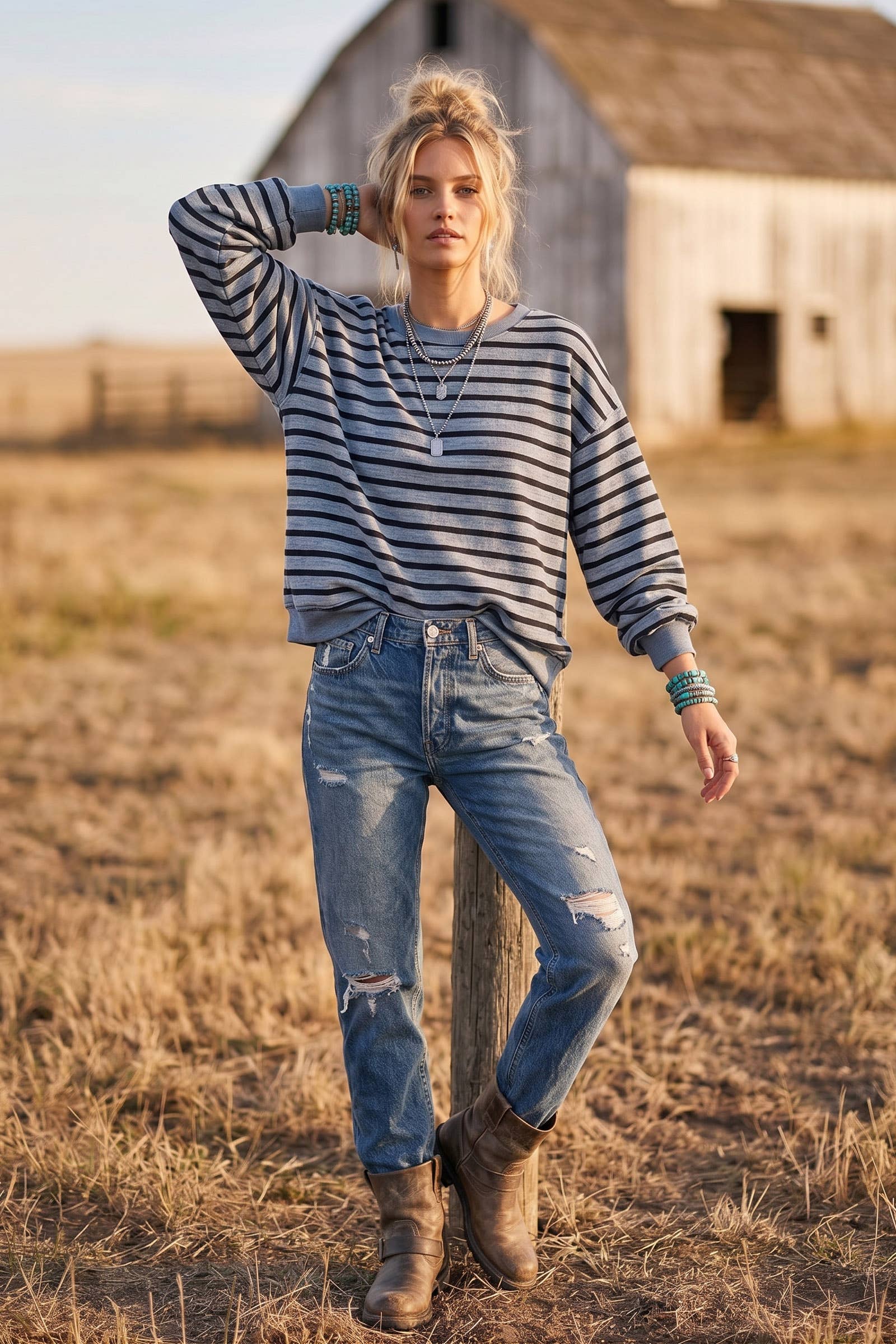 Taupe Striped Oversized French Terry Pullover