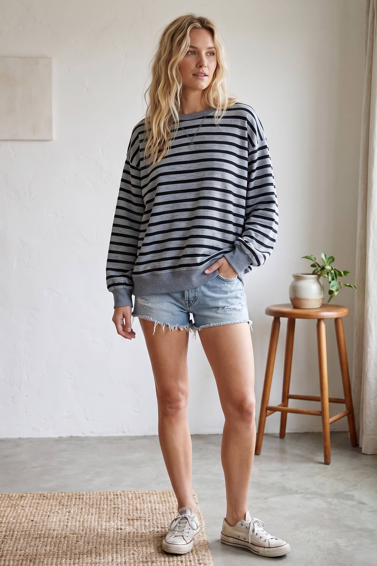 Taupe Striped Oversized French Terry Pullover
