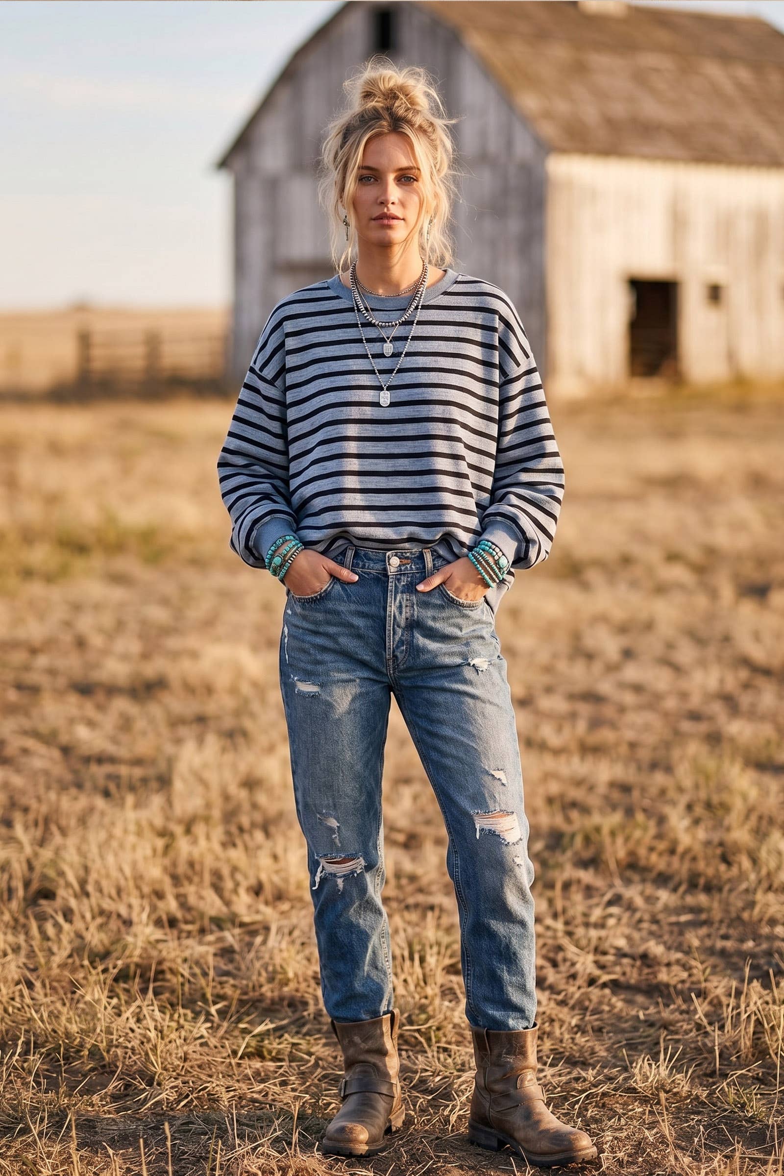 Taupe Striped Oversized French Terry Pullover