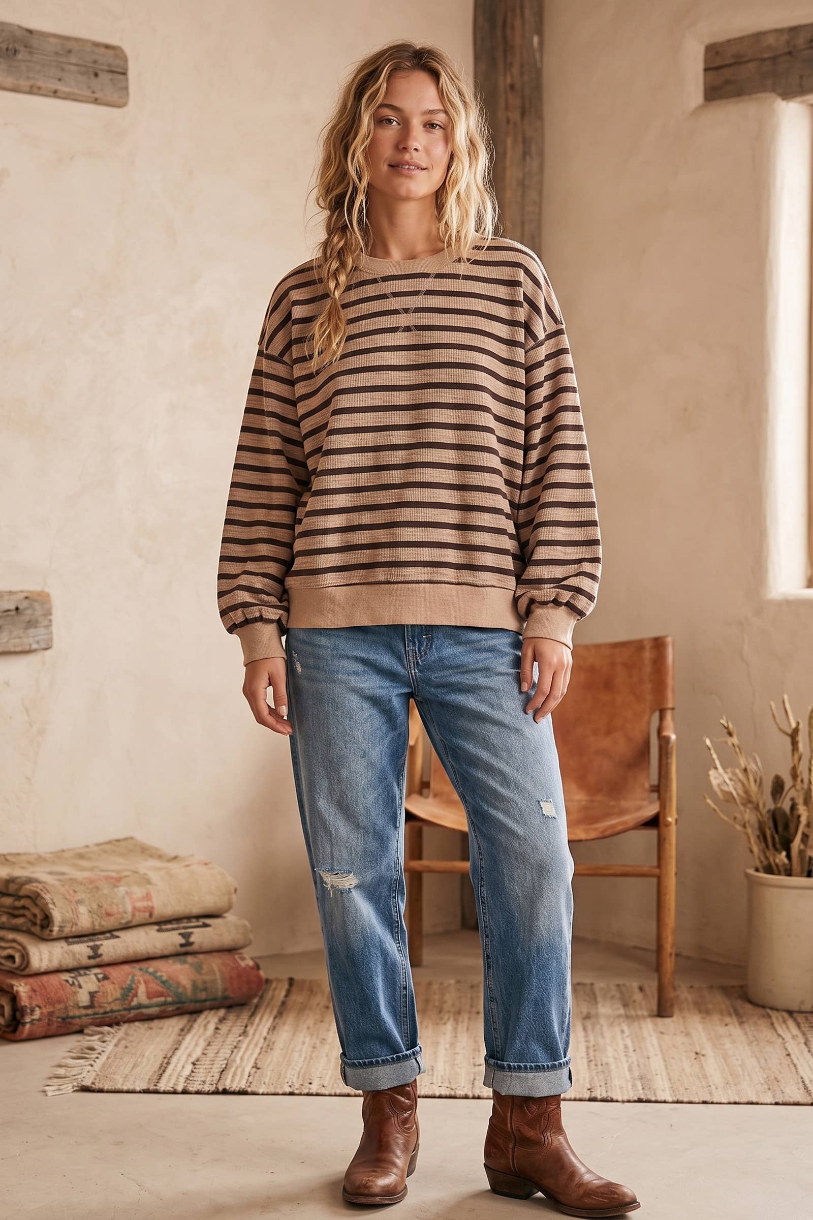 Taupe Striped Oversized French Terry Pullover