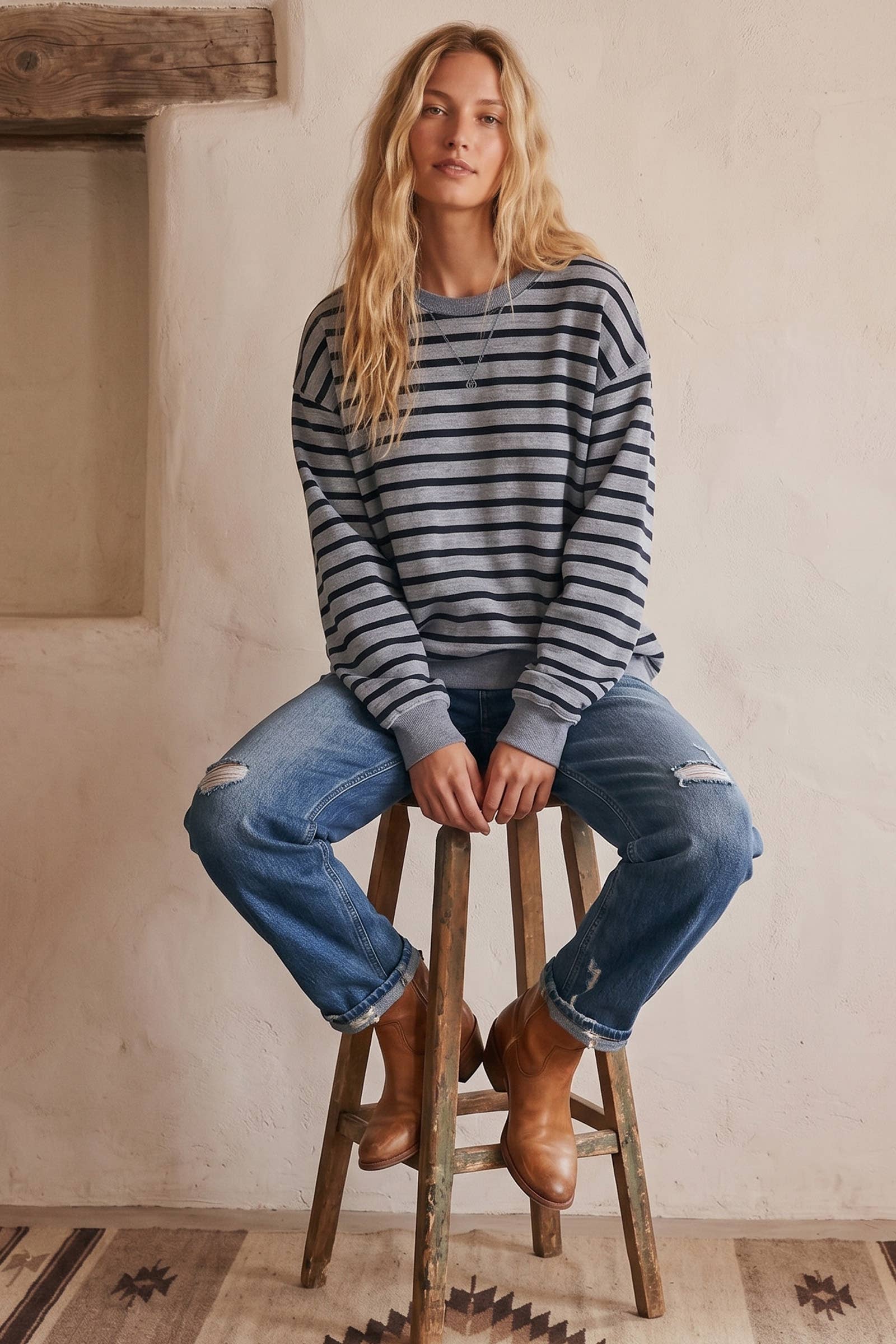 Taupe Striped Oversized French Terry Pullover