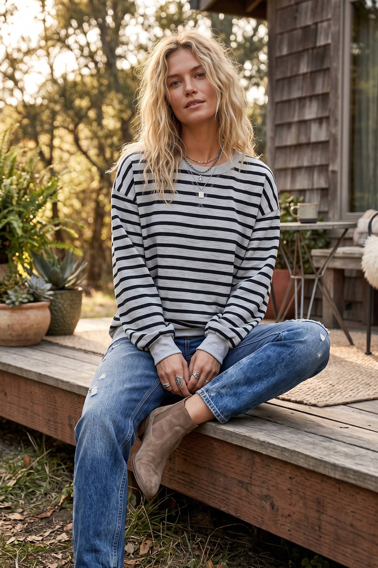 Taupe Striped Oversized French Terry Pullover