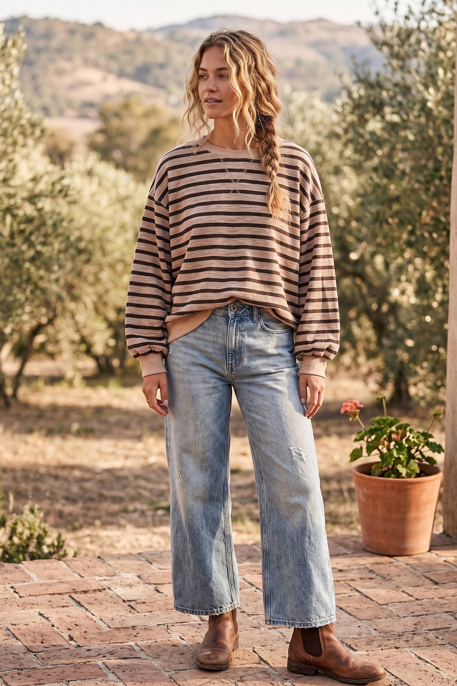 Taupe Striped Oversized French Terry Pullover
