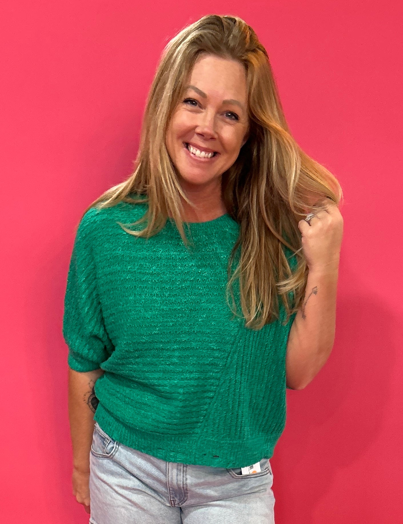 Textured Comfort Short Sleeve Knit Top in Green - Shabby 2 Chic Boutiques