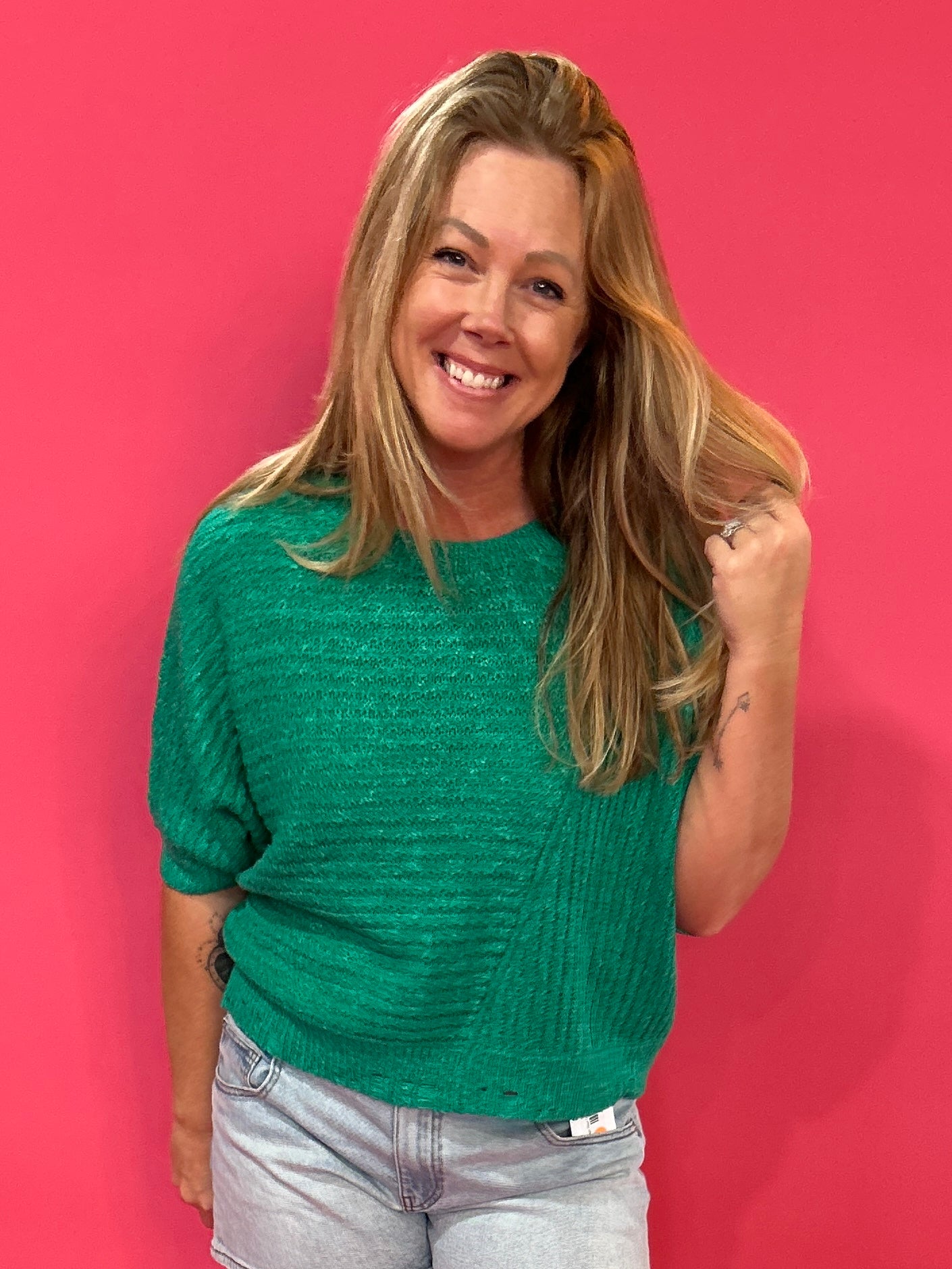 Textured Comfort Short Sleeve Knit Top in Green - Shabby 2 Chic Boutiques