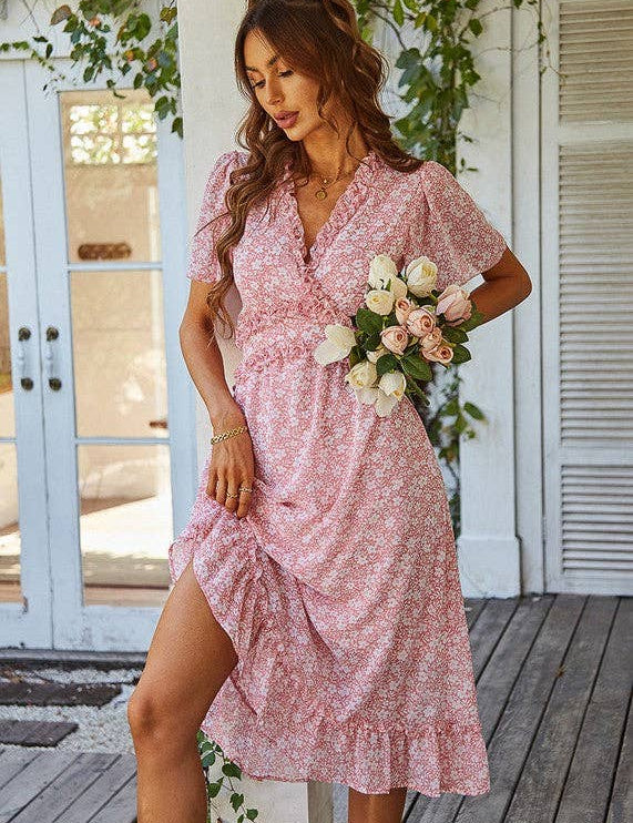 SZ25-DR23049 Floral Print Ruffle Trim Dress - Shabby 2 Chic Boutiques