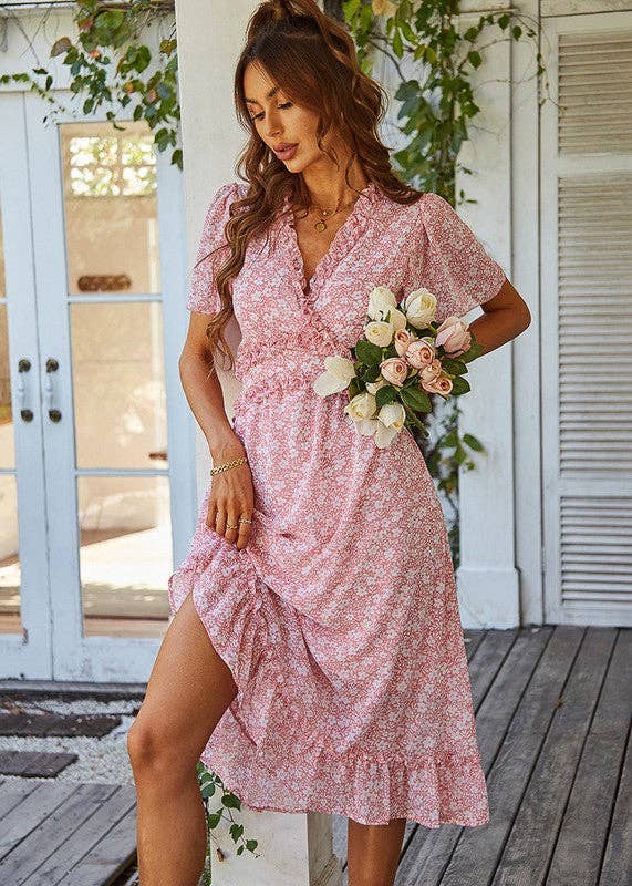 SZ25-DR23049 Floral Print Ruffle Trim Dress - Shabby 2 Chic Boutiques