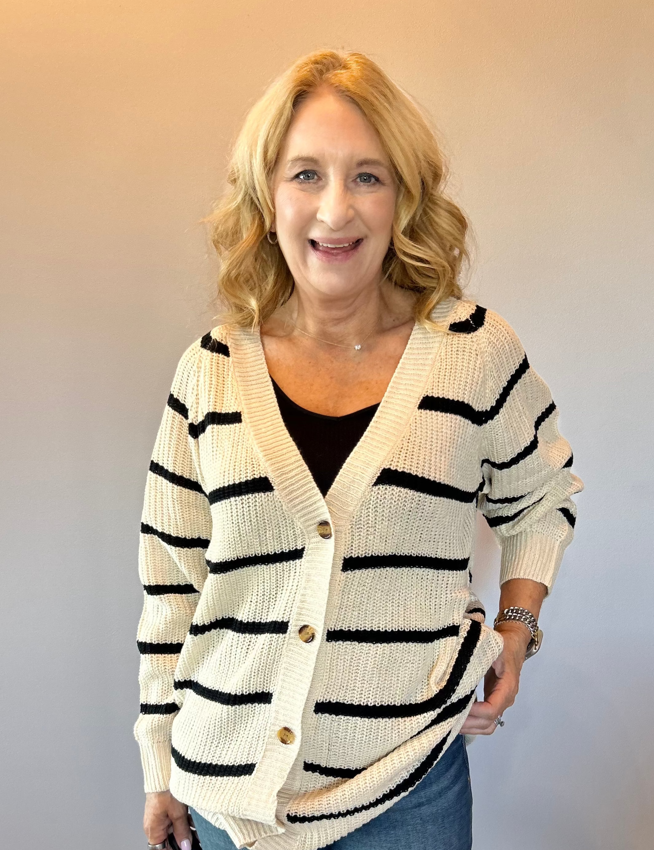The Boho Block Pocket Cardigan with Black Stripe
