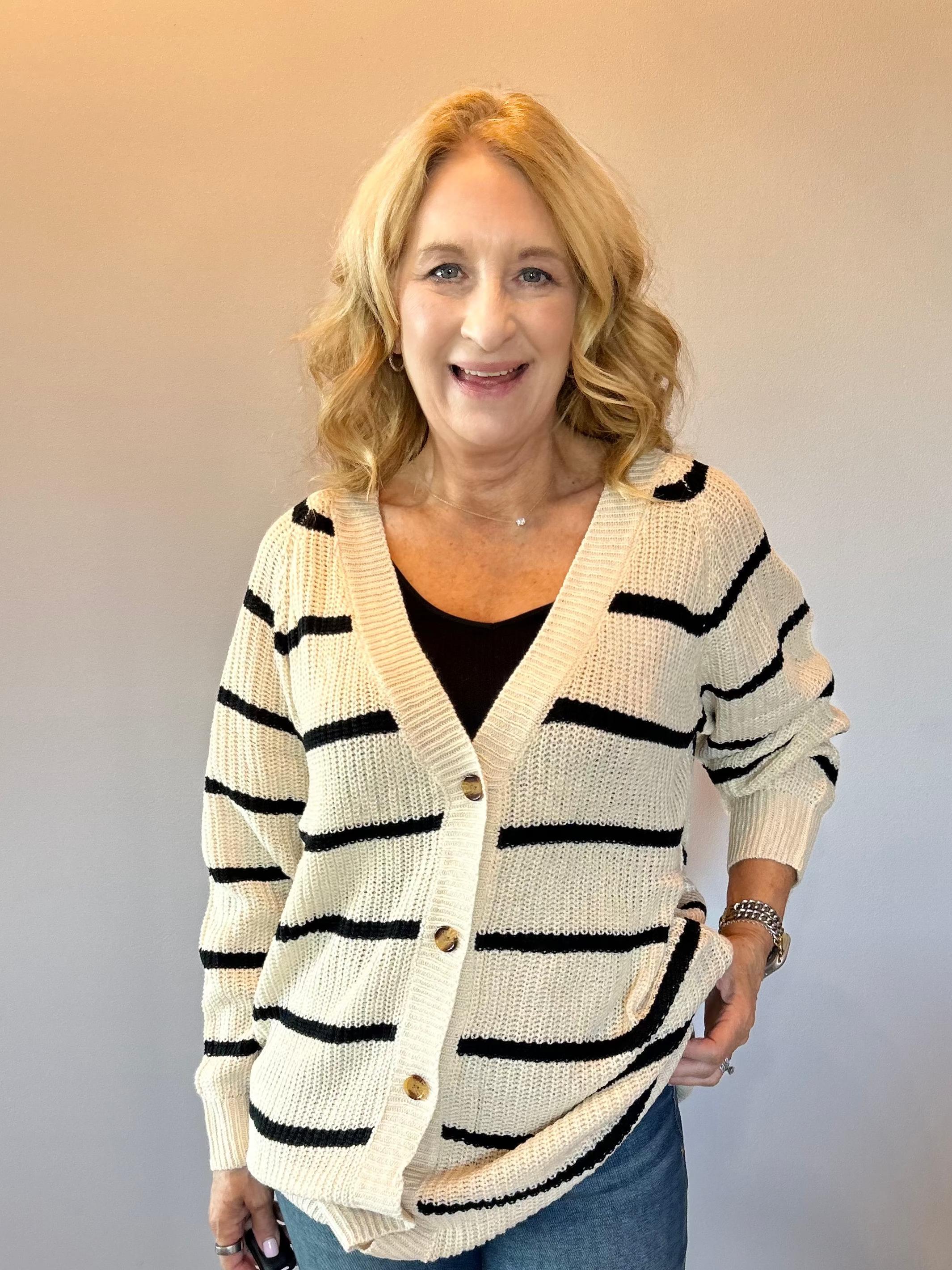 The Boho Block Pocket Cardigan with Black Stripe