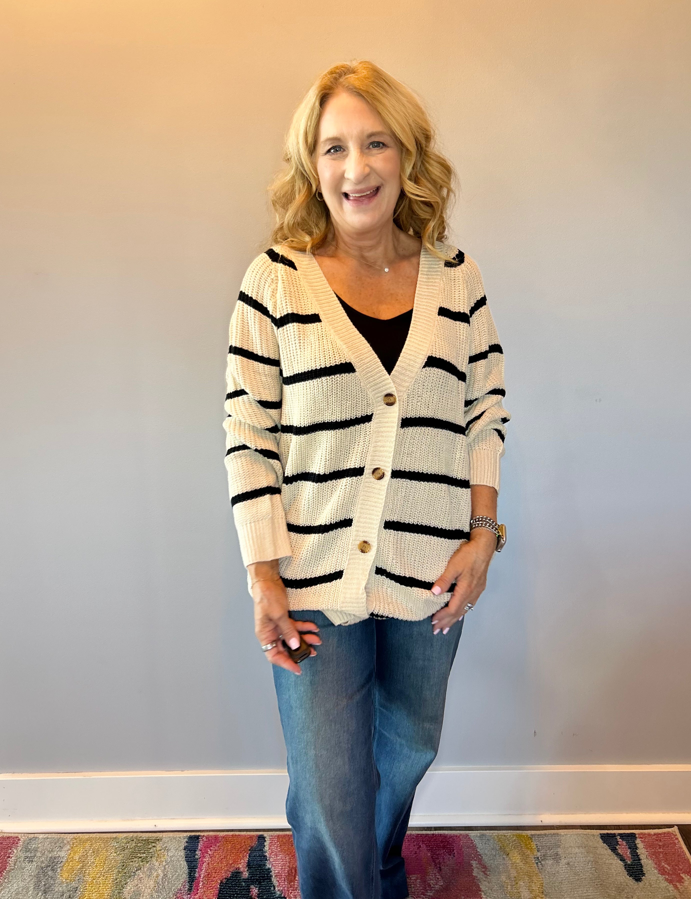 The Boho Block Pocket Cardigan with Black Stripe