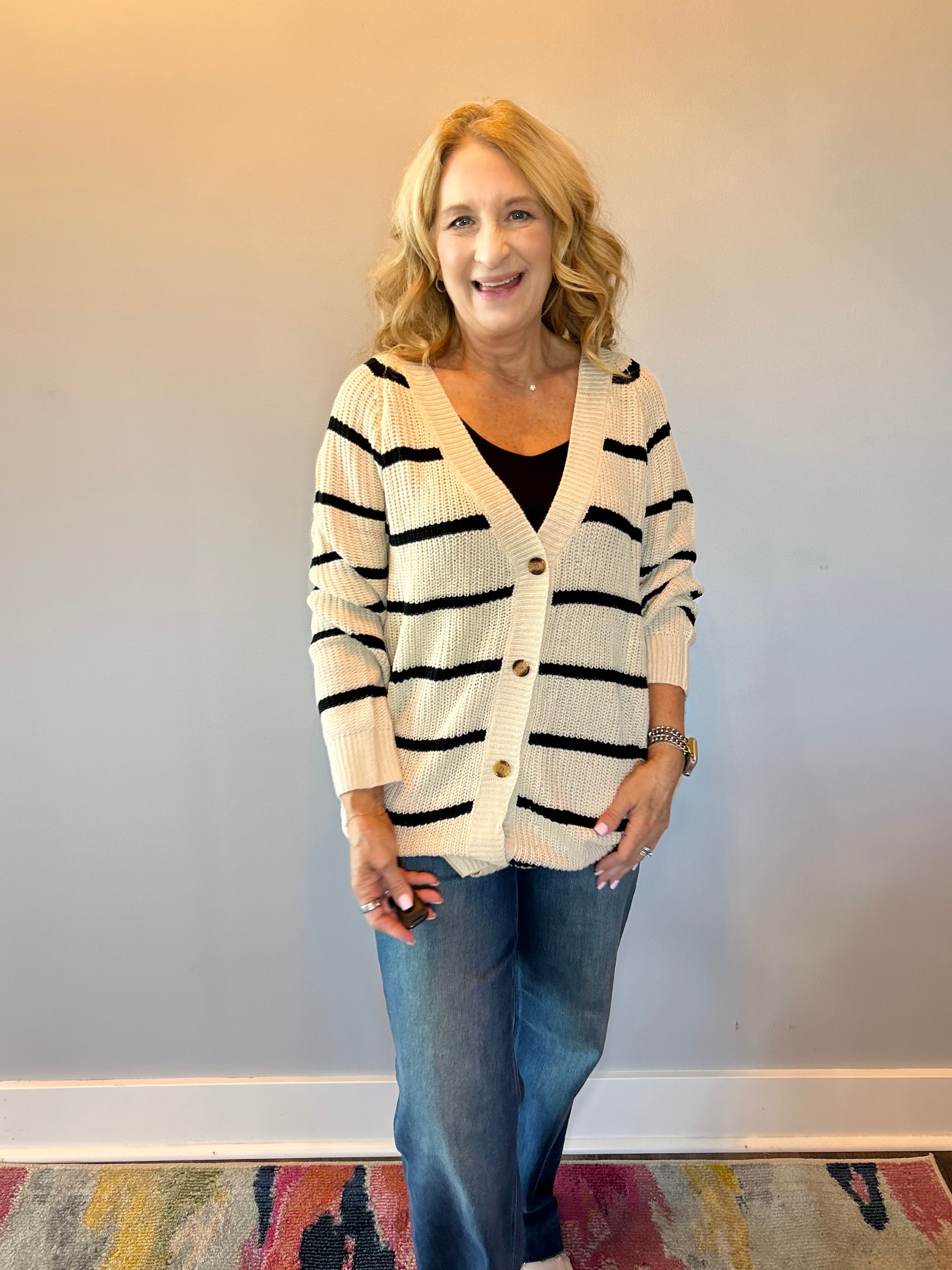 The Boho Block Pocket Cardigan with Black Stripe