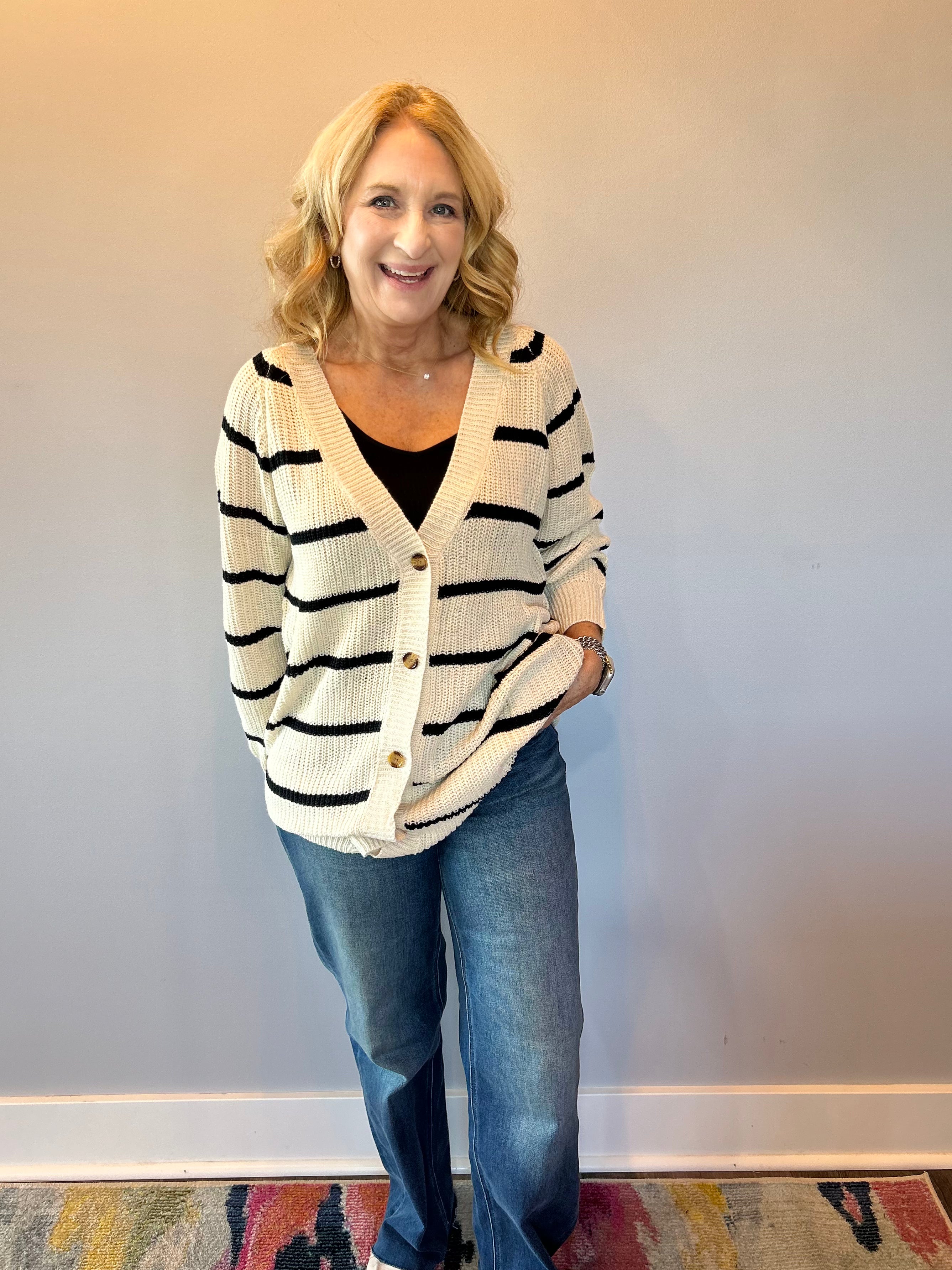 The Boho Block Pocket Cardigan with Black Stripe