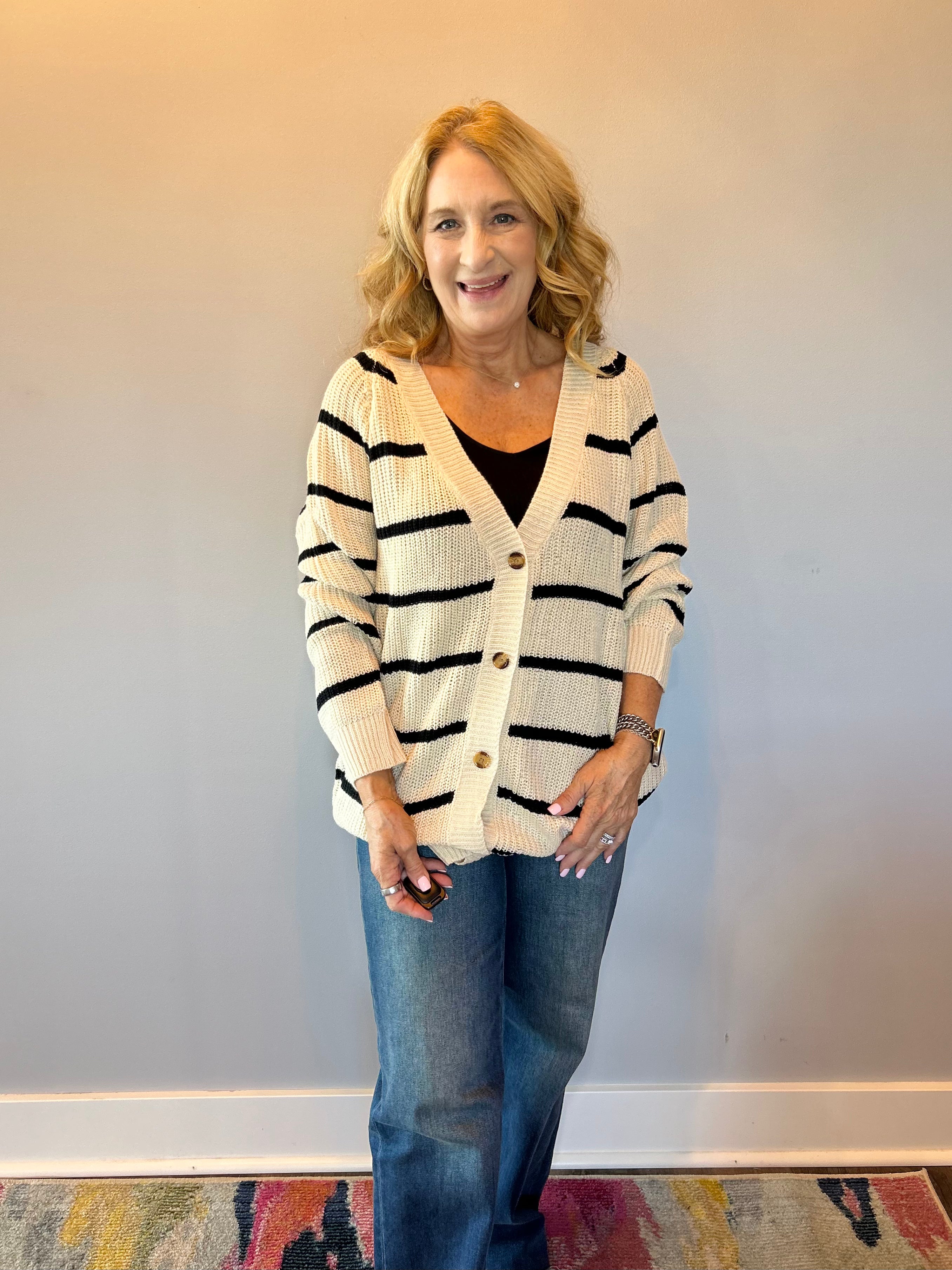 The Boho Block Pocket Cardigan with Black Stripe