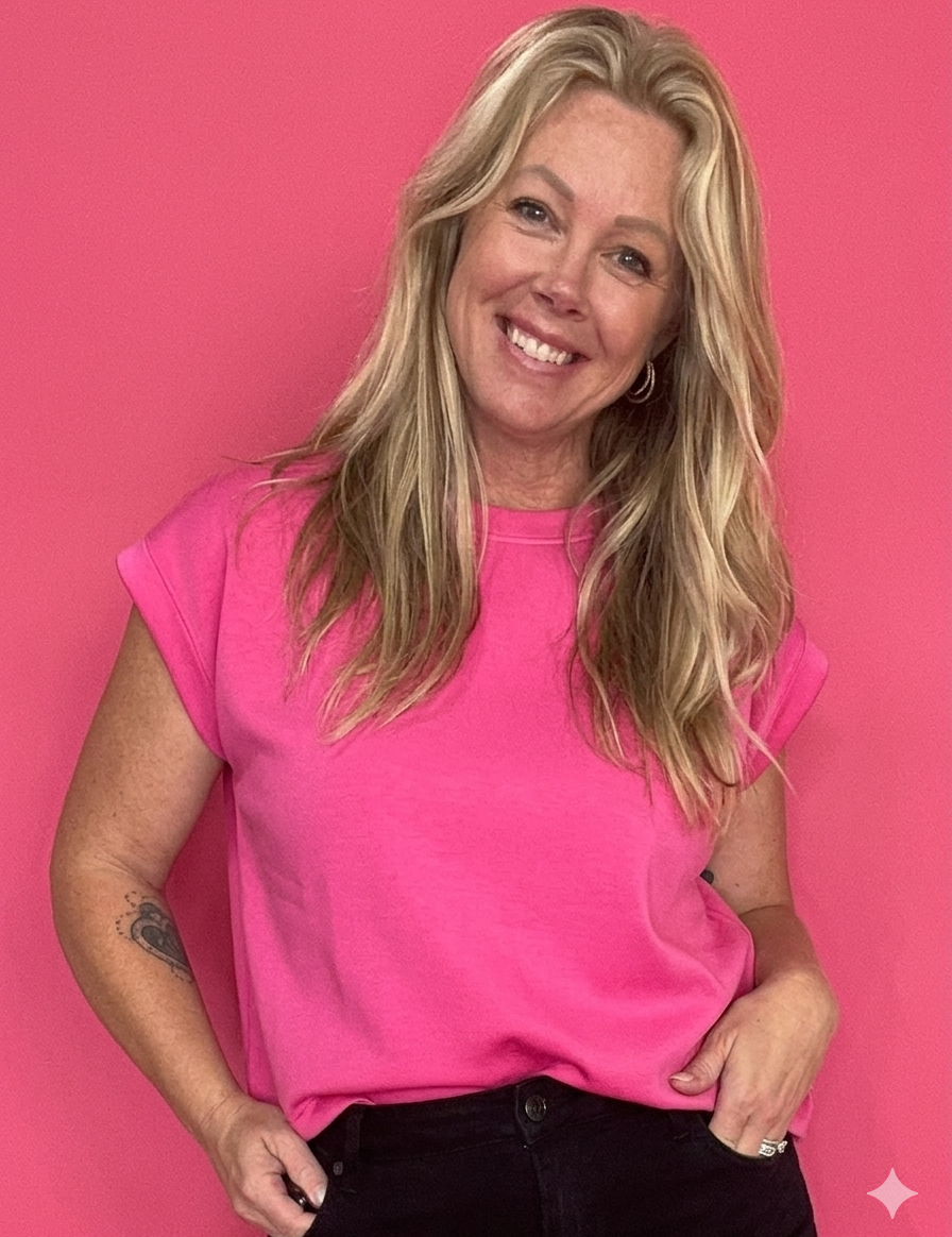 Woman wearing a hot pink scuba knit short sleeve top with a relaxed fit and high-waisted denim