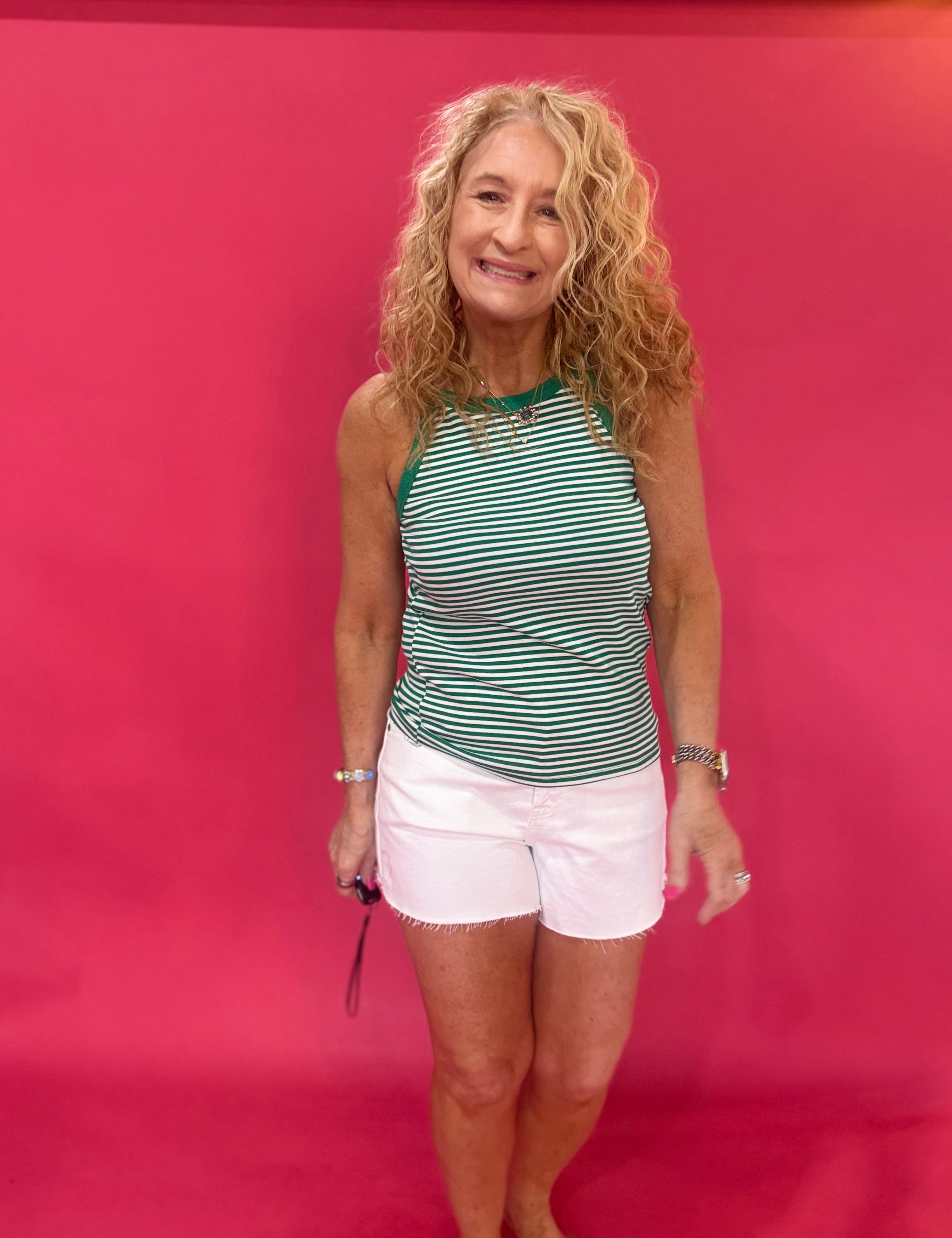 The Coastal Cool Stripe High Neck Tank in Green - Shabby 2 Chic Boutiques