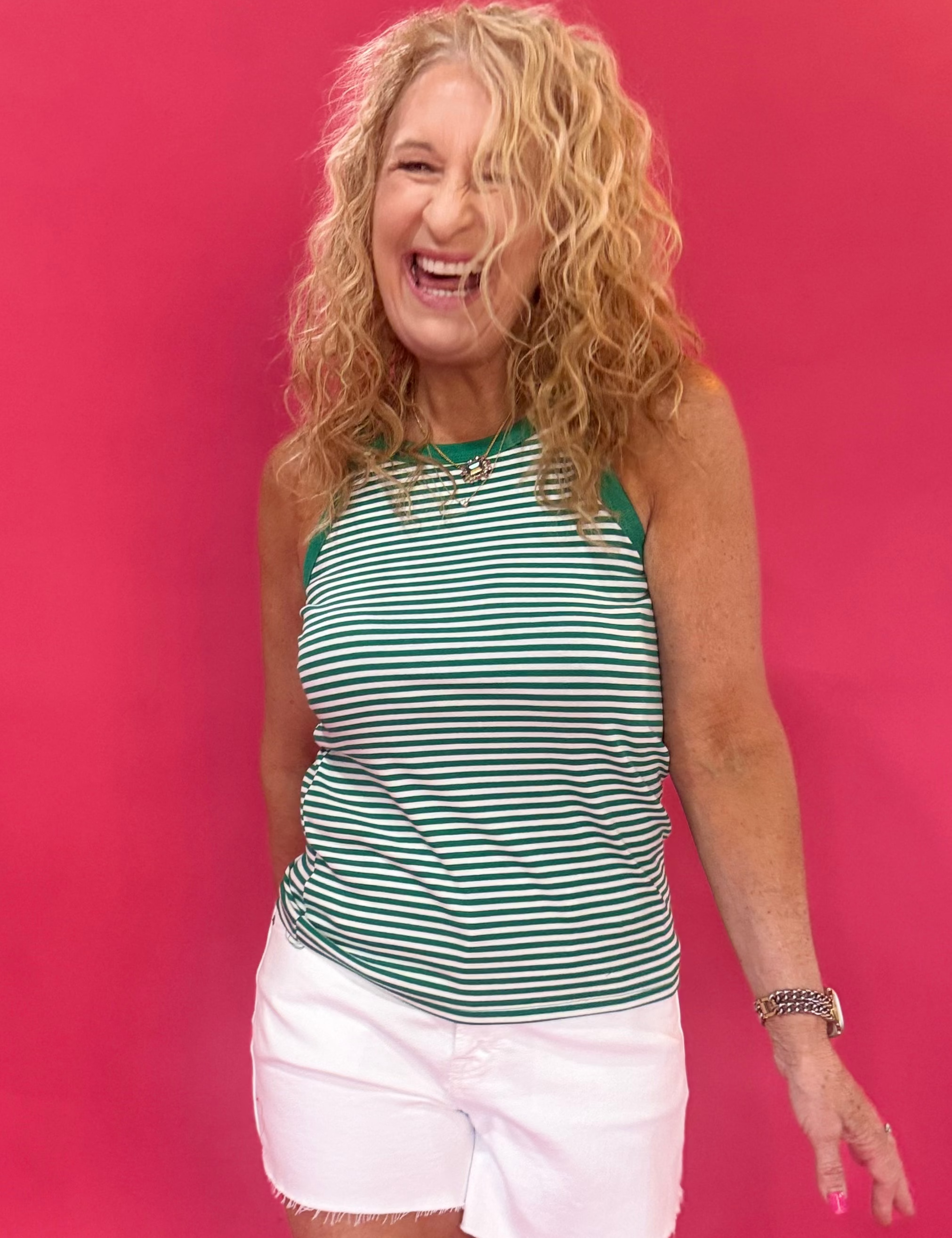 The Coastal Cool Stripe High Neck Tank in Green - Shabby 2 Chic Boutiques