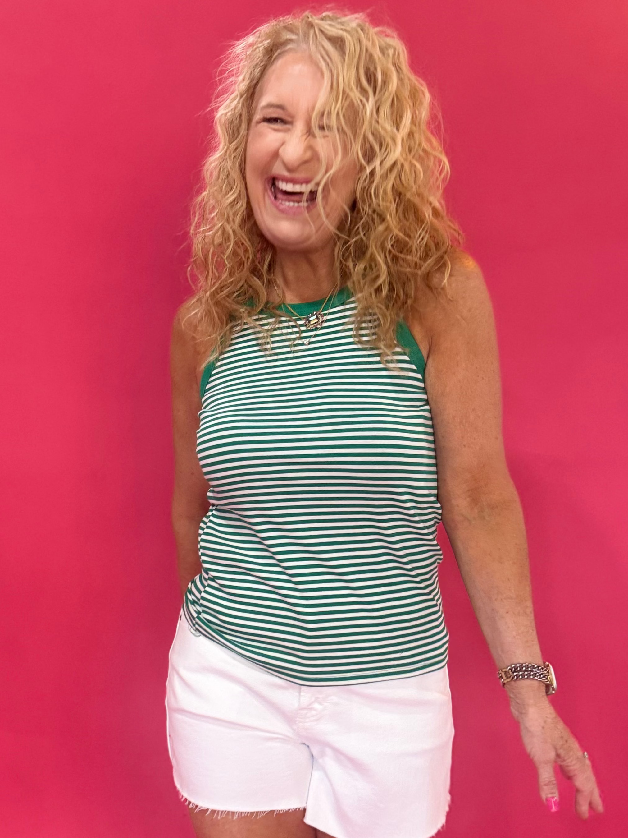 The Coastal Cool Stripe High Neck Tank in Green - Shabby 2 Chic Boutiques
