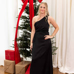 The Goddess Draped One-Shoulder Dress in Black