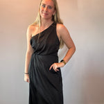 The Goddess Draped One-Shoulder Dress in Black