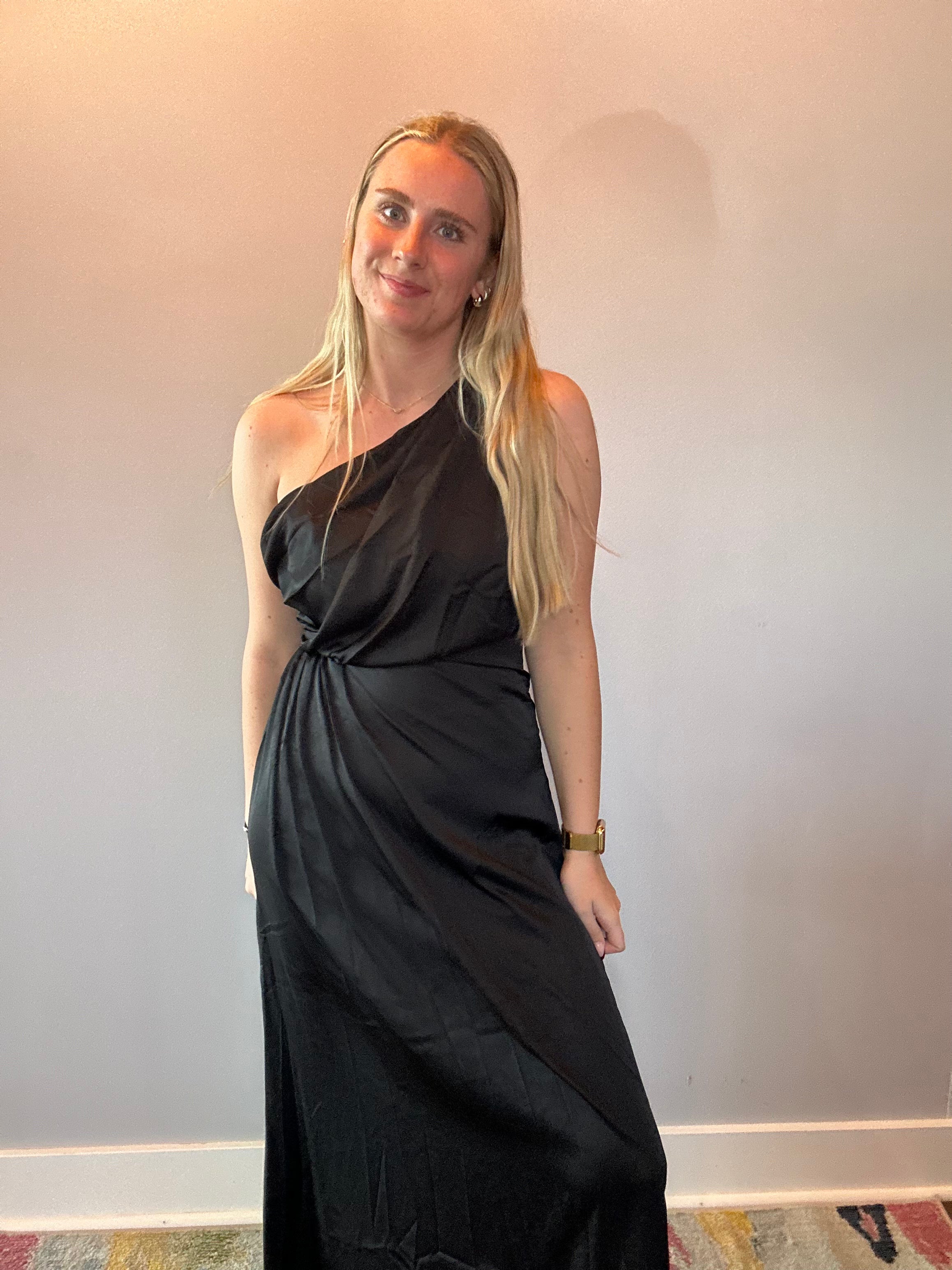 The Goddess Draped One-Shoulder Dress in Black