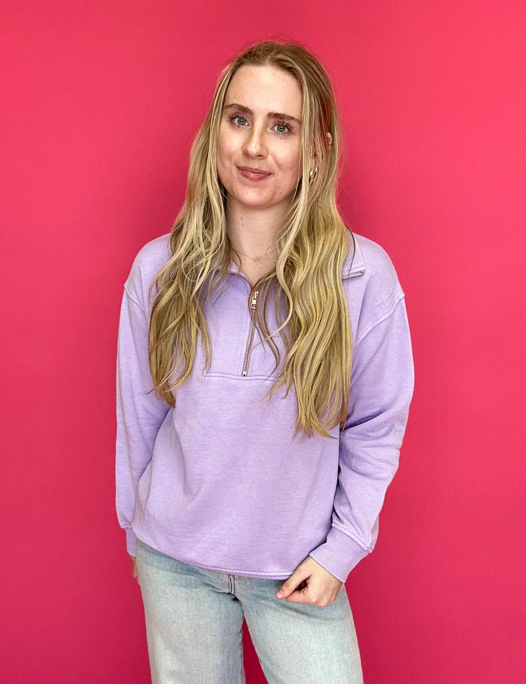 The Isabella Half-Zip Sweatshirt in Purple - Shabby 2 Chic Boutiques