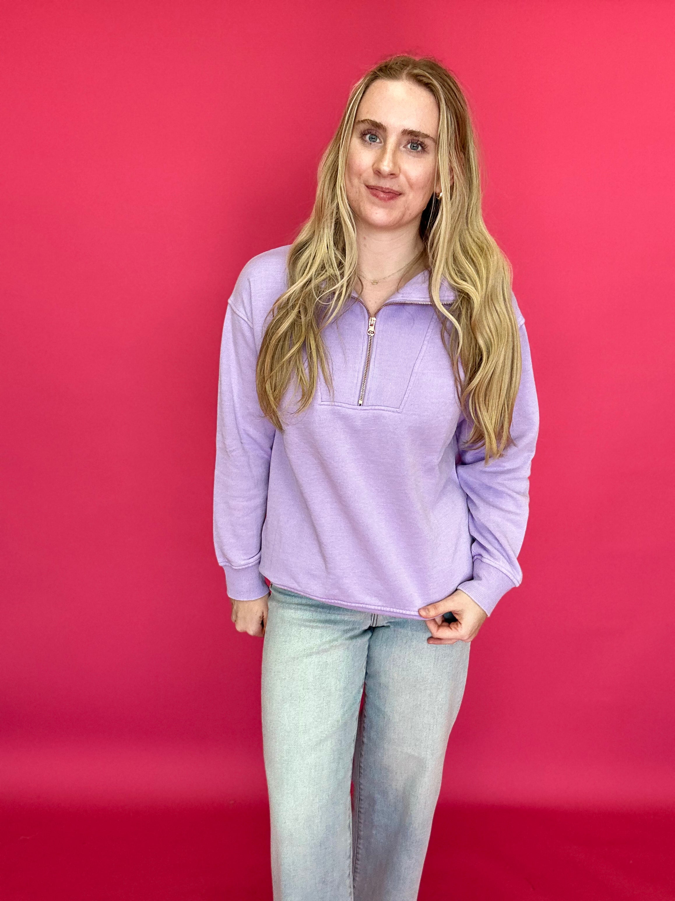The Isabella Half-Zip Sweatshirt in Purple - Shabby 2 Chic Boutiques