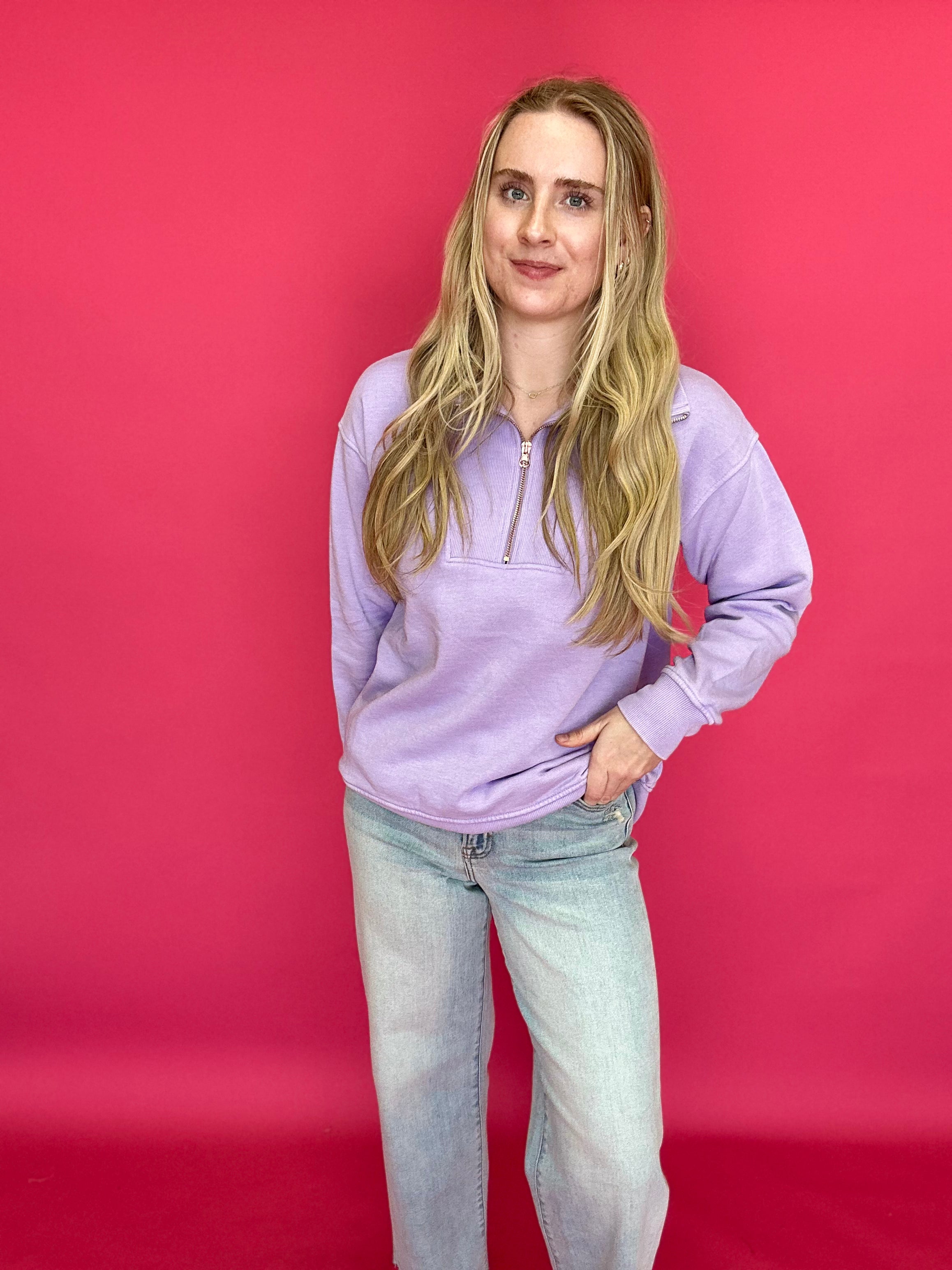The Isabella Half-Zip Sweatshirt in Purple - Shabby 2 Chic Boutiques