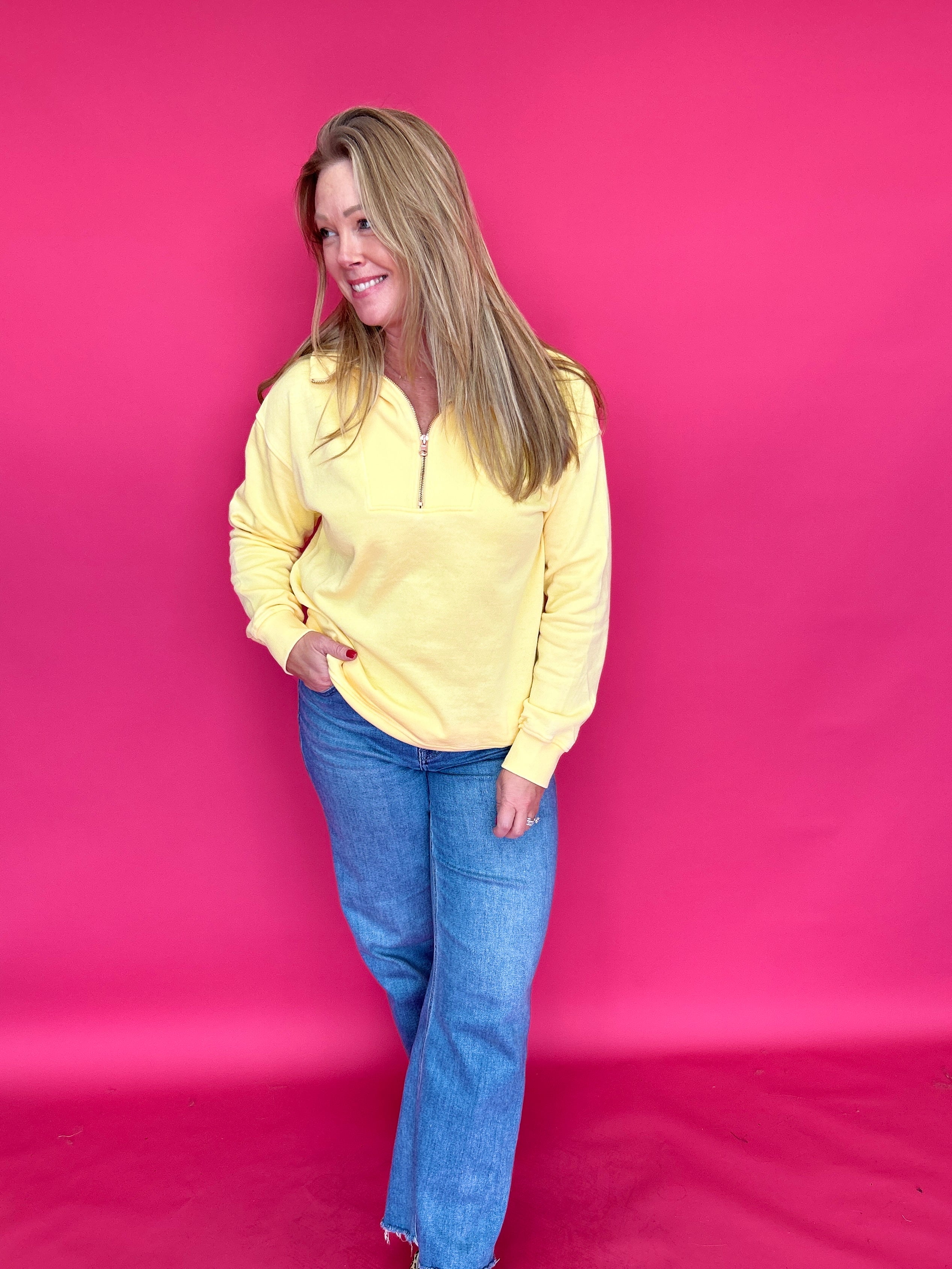 The Isabella Half-Zip Sweatshirt in Yellow - Shabby 2 Chic Boutiques