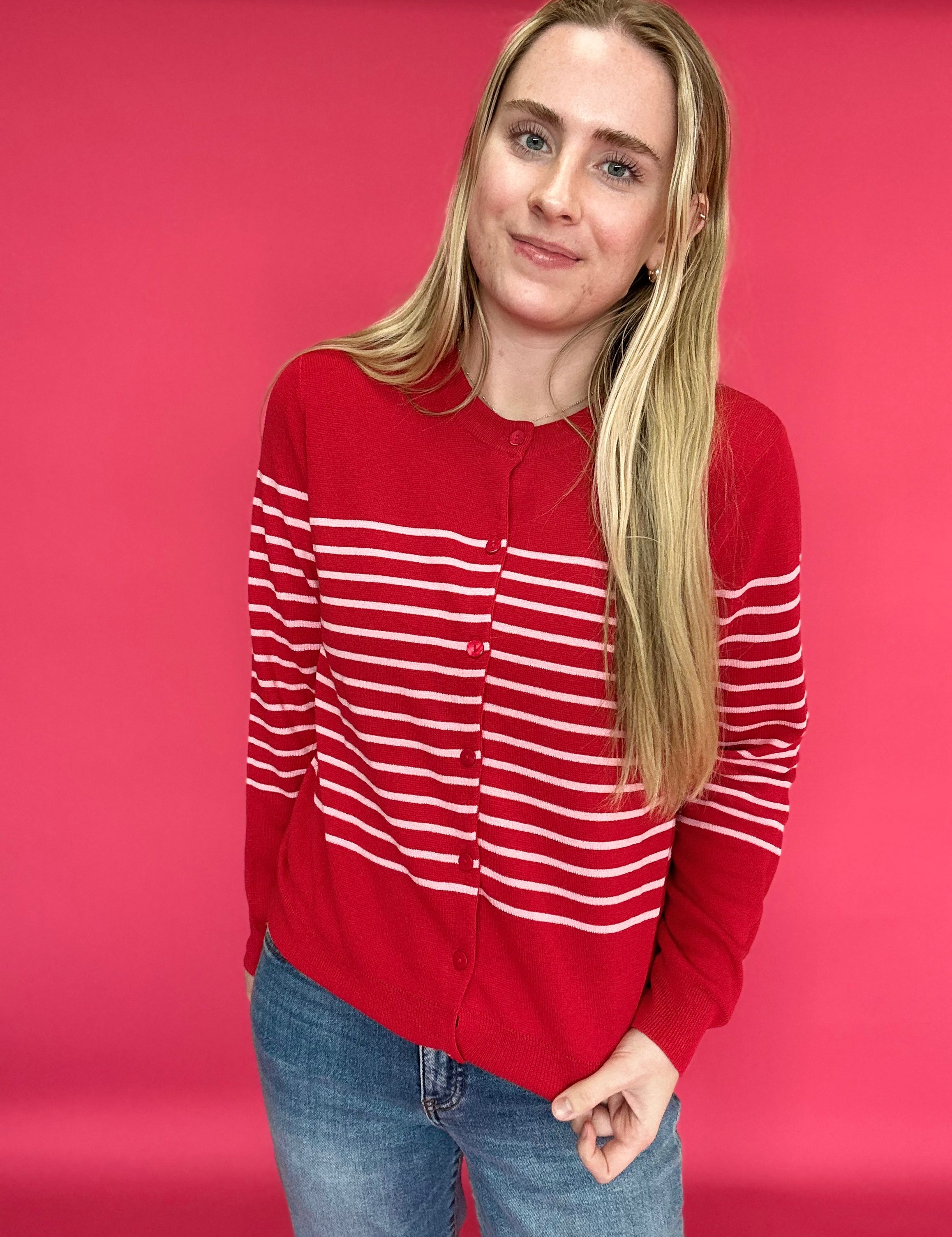 The Red Sweetheart Striped Button Cardigan in Pink Stripes