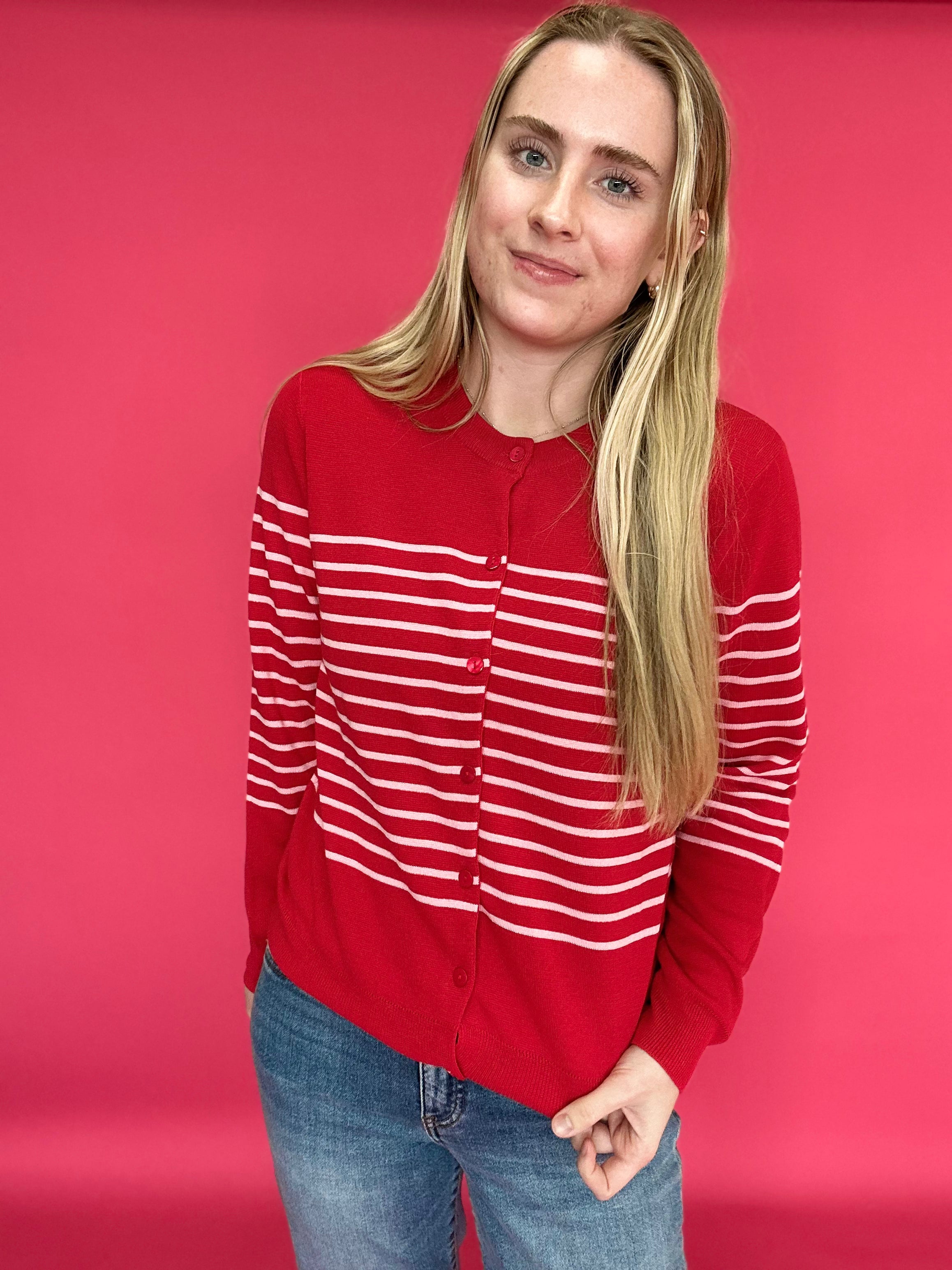 The Red Sweetheart Striped Button Cardigan in Pink Stripes