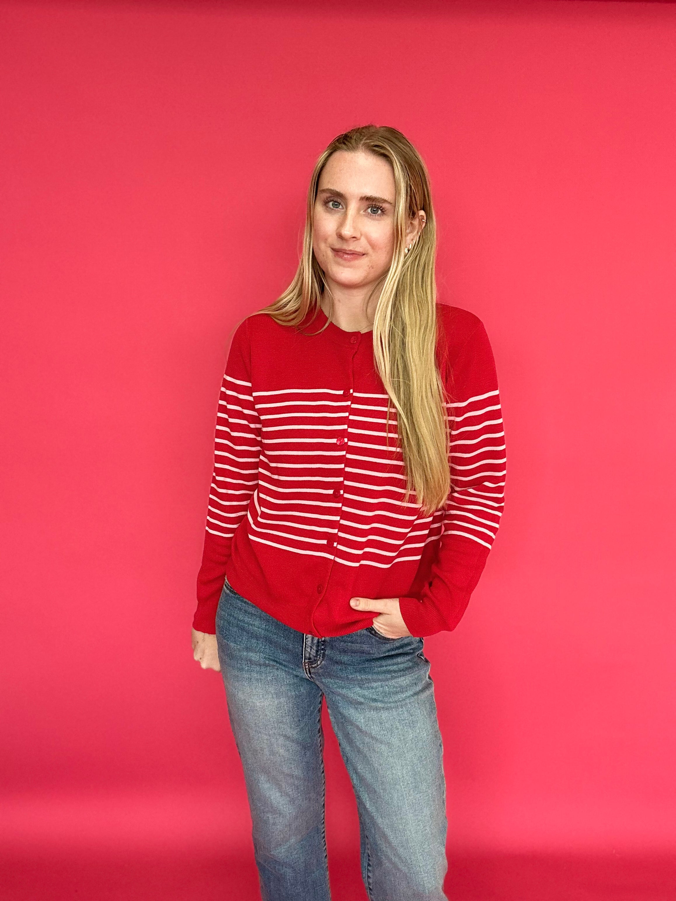 The Red Sweetheart Striped Button Cardigan in Pink Stripes