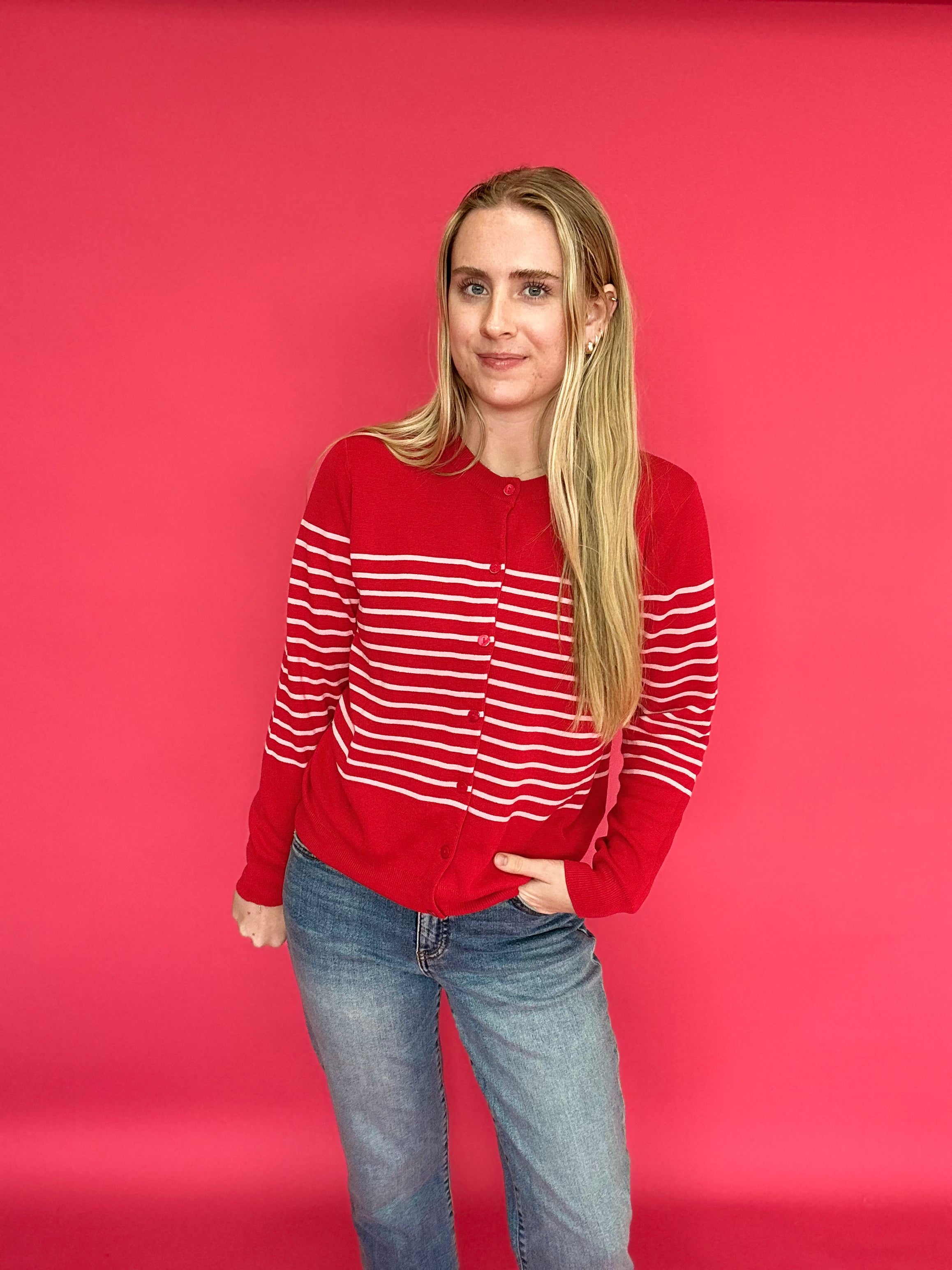 The Red Sweetheart Striped Button Cardigan in Pink Stripes
