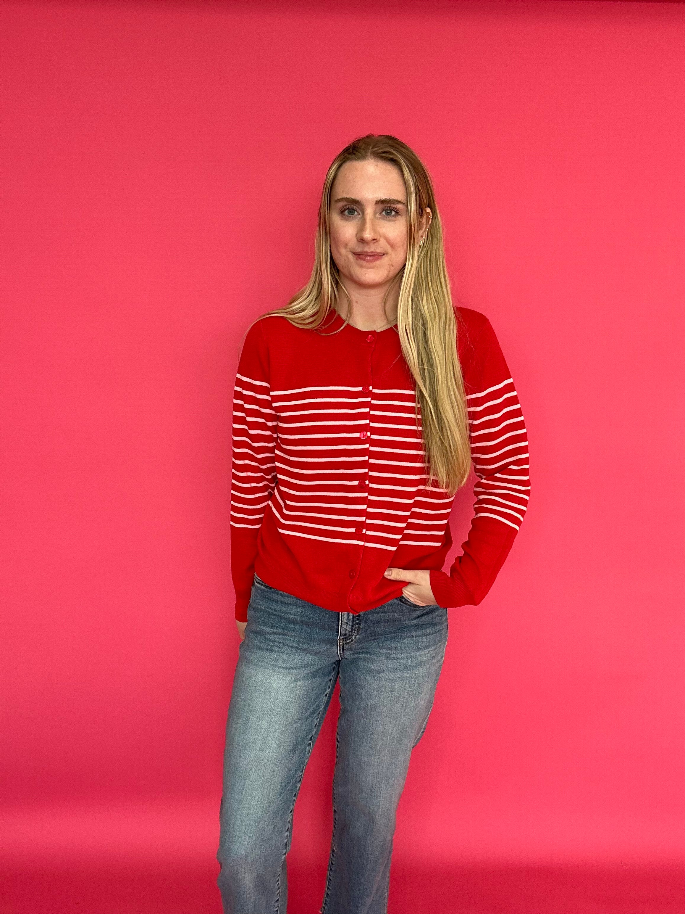 The Red Sweetheart Striped Button Cardigan in Pink Stripes