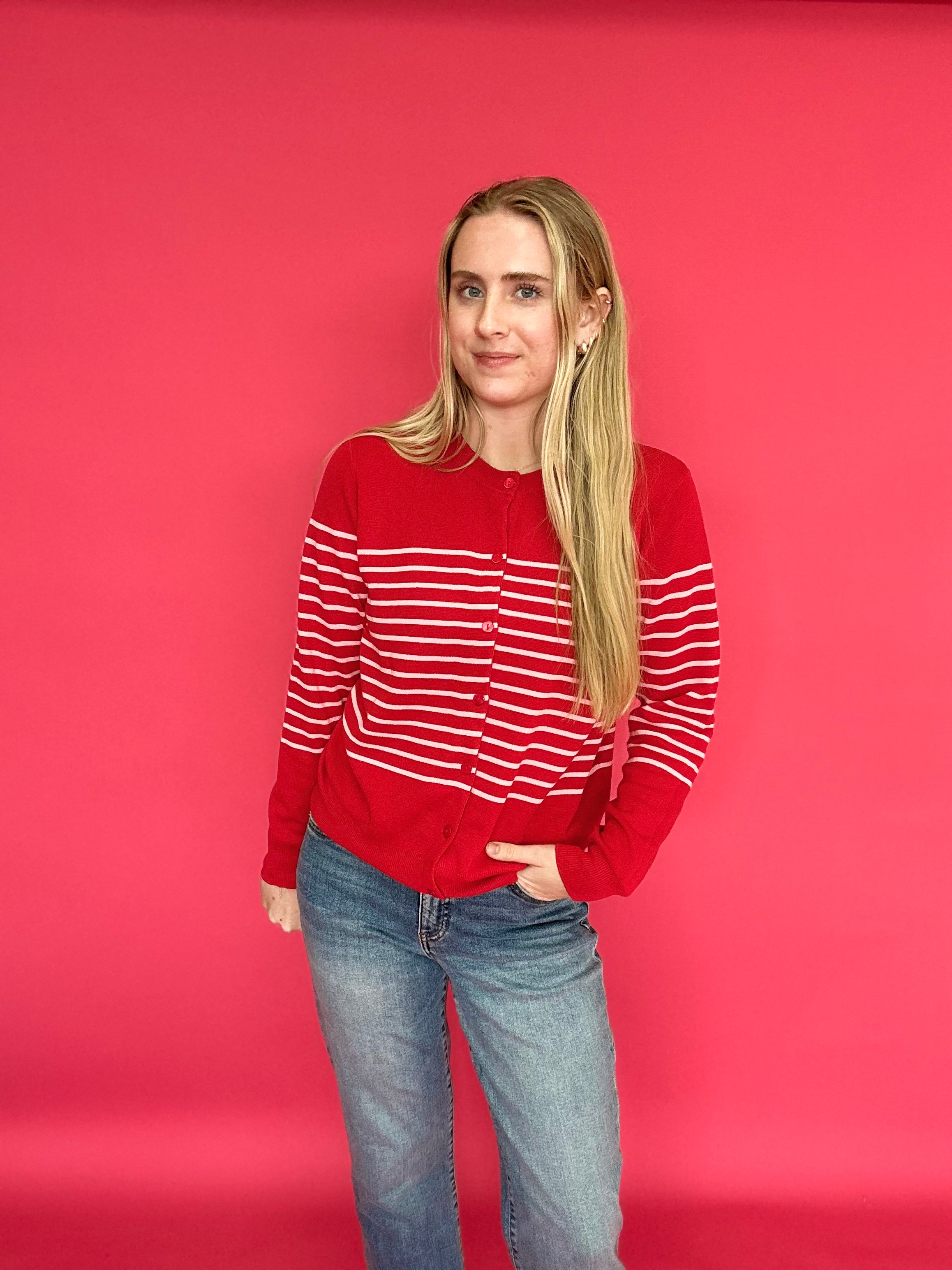 The Red Sweetheart Striped Button Cardigan in Pink Stripes