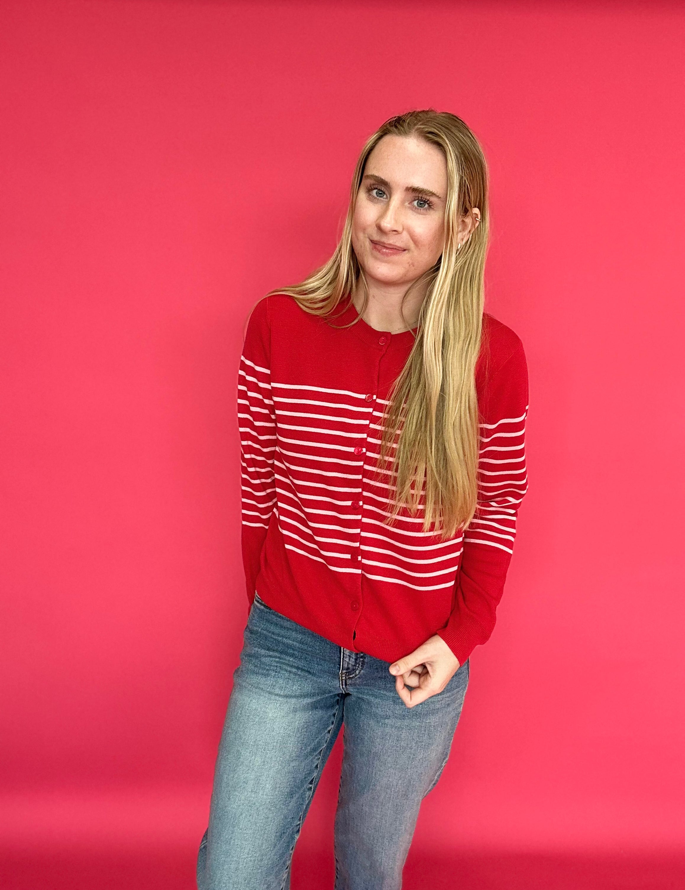The Red Sweetheart Striped Button Cardigan in Pink Stripes