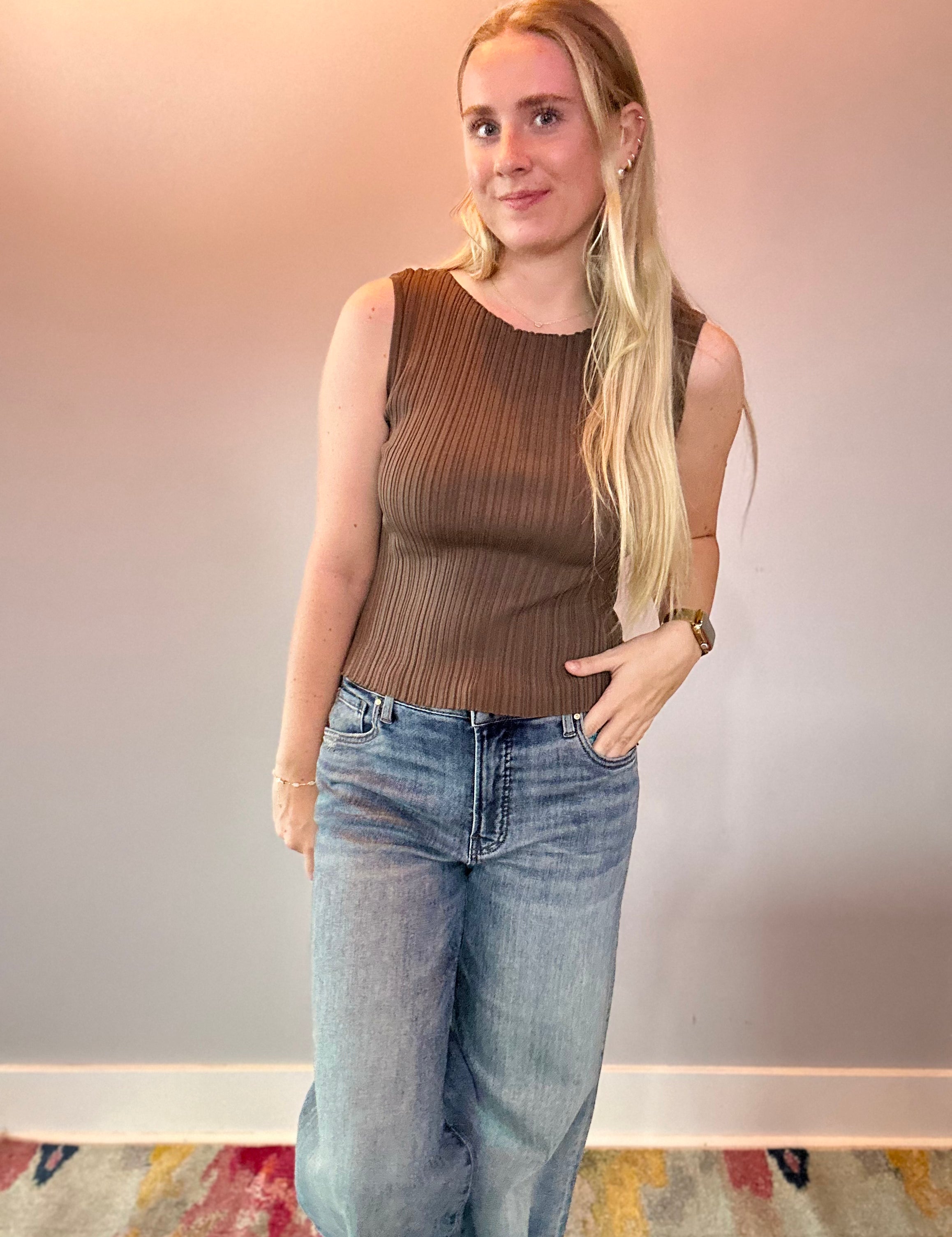 The Sleek Rib Knit Top in Brown