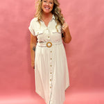 The Sutton Belted Shirt Dress in Tan