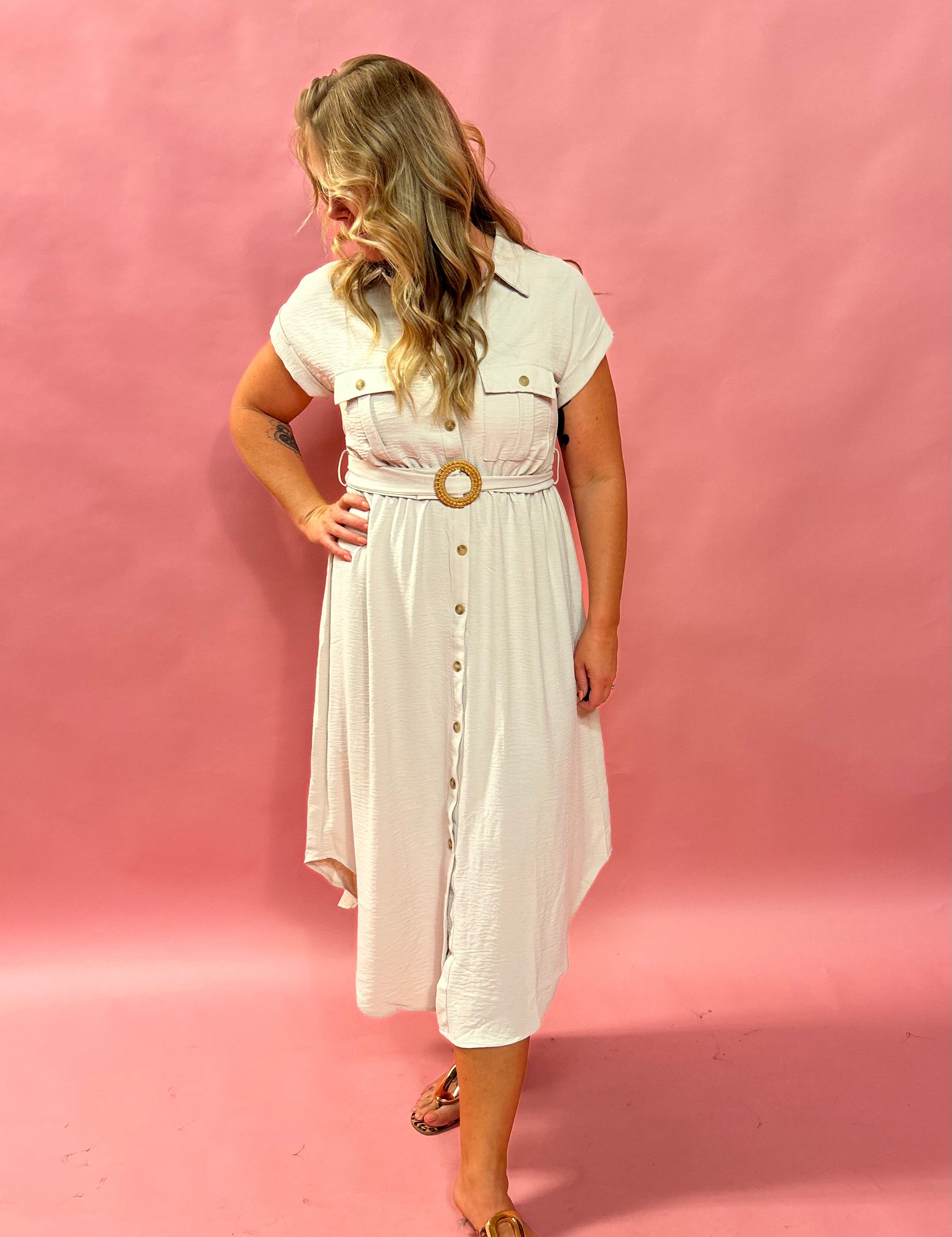The Sutton Belted Shirt Dress in Tan