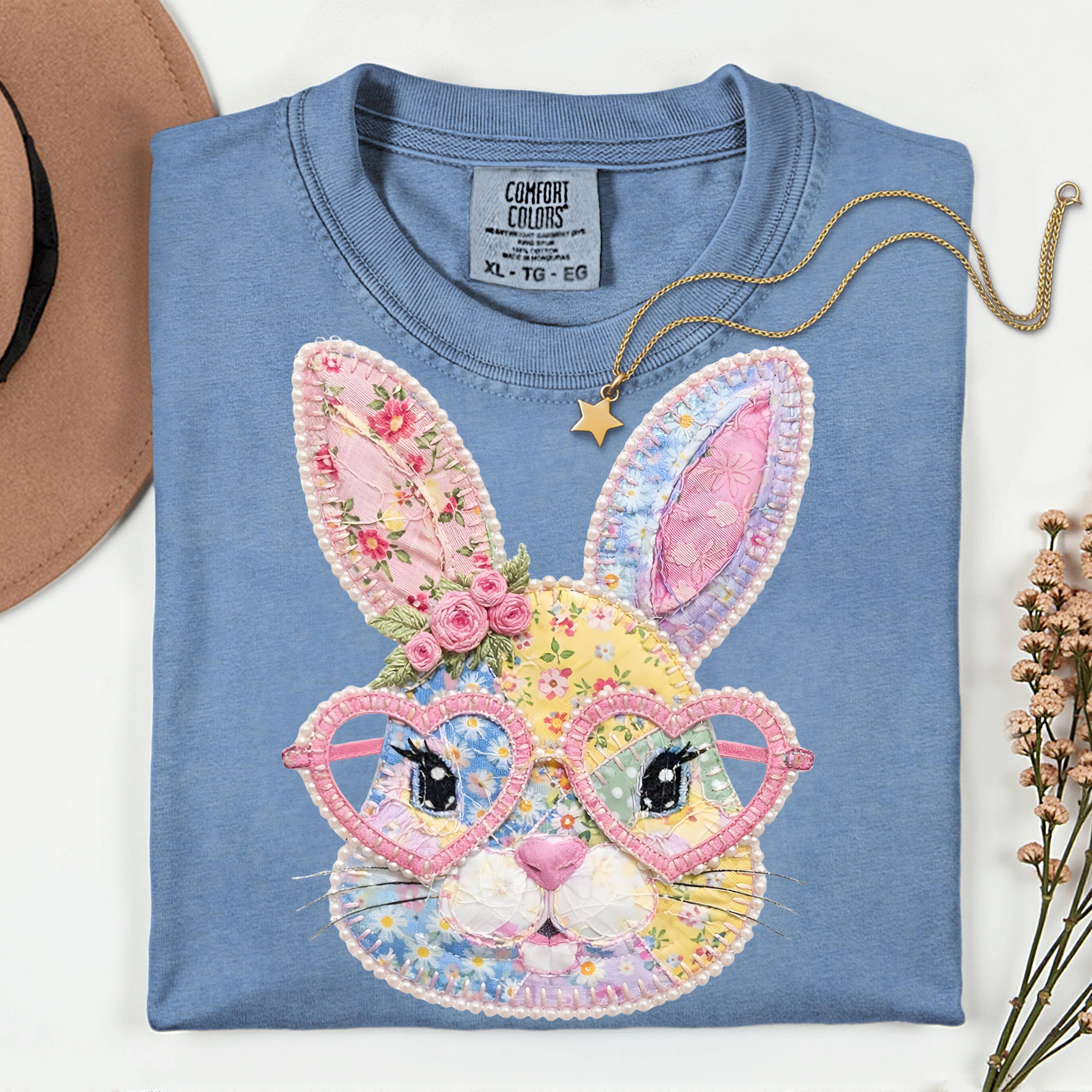 Faux Patch Easter Bunny Glasses Graphic Comfort Tee, Quilted - Shabby 2 Chic Boutiques