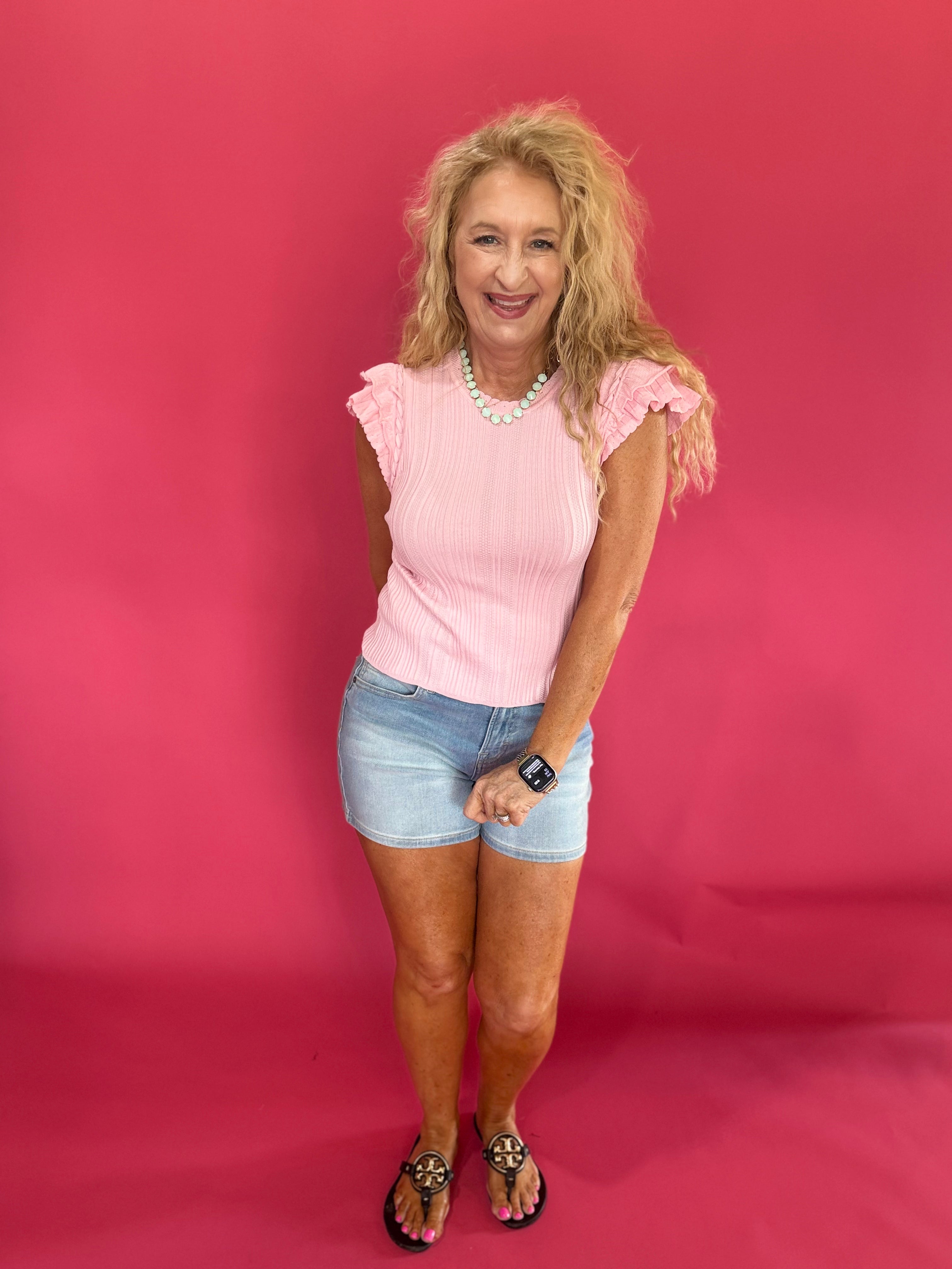 The Sweet & Structured Frill Knit Top in Pink
