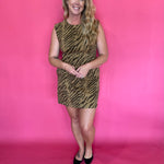 Back view of the tiger print shift mini dress showing the straight relaxed silhouette