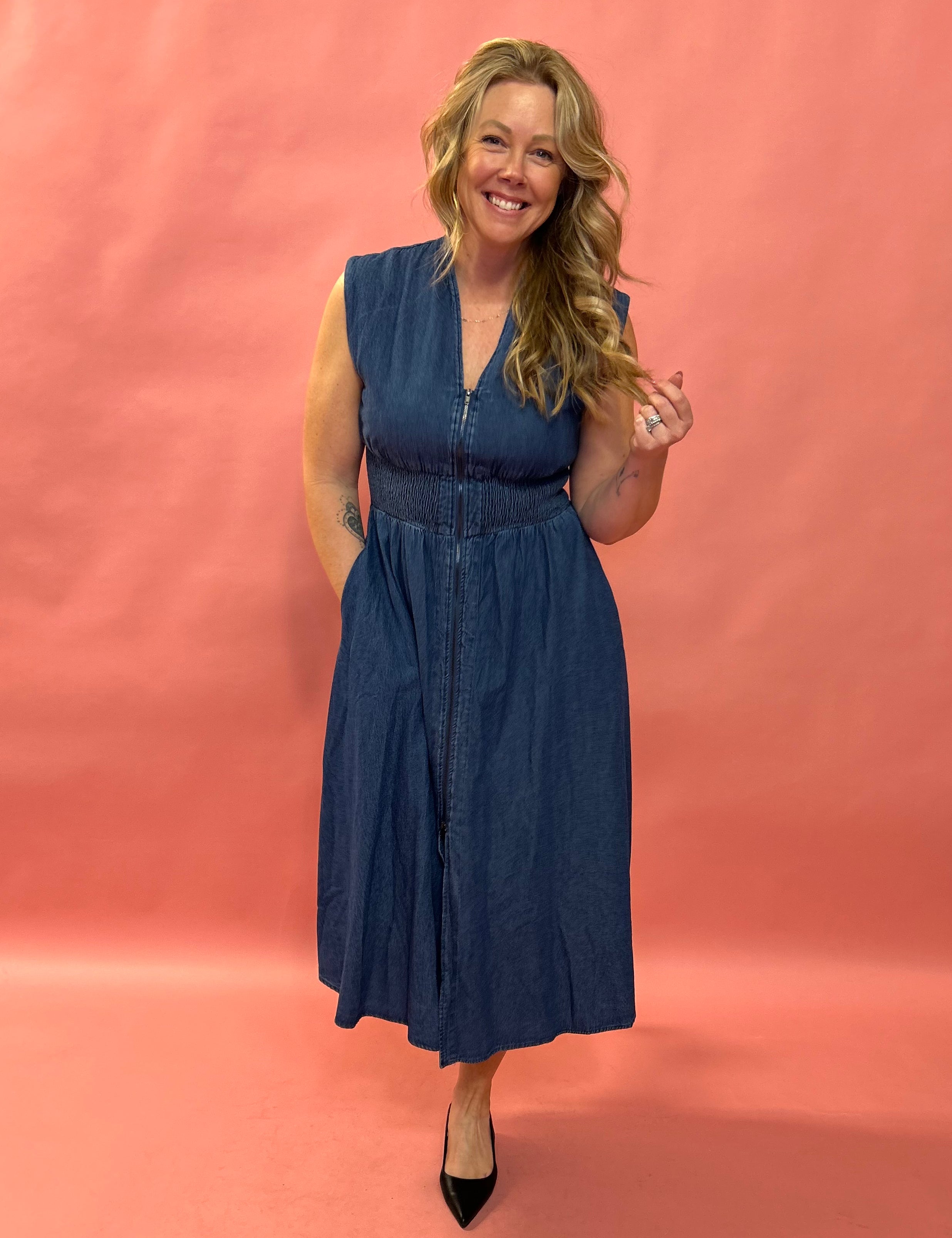 Timeless Charm: V-Neck Midi Denim Dress