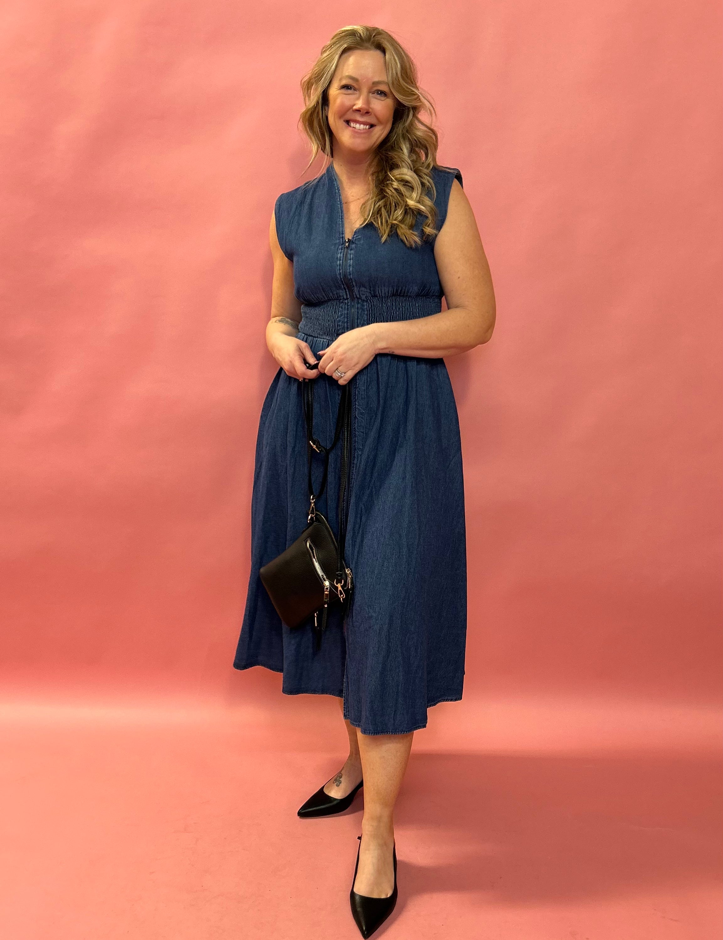 Timeless Charm: V-Neck Midi Denim Dress