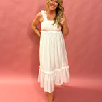 Timeless Grace Ruffle Strap Midi Dress in White