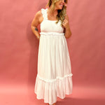 Timeless Grace Ruffle Strap Midi Dress in White